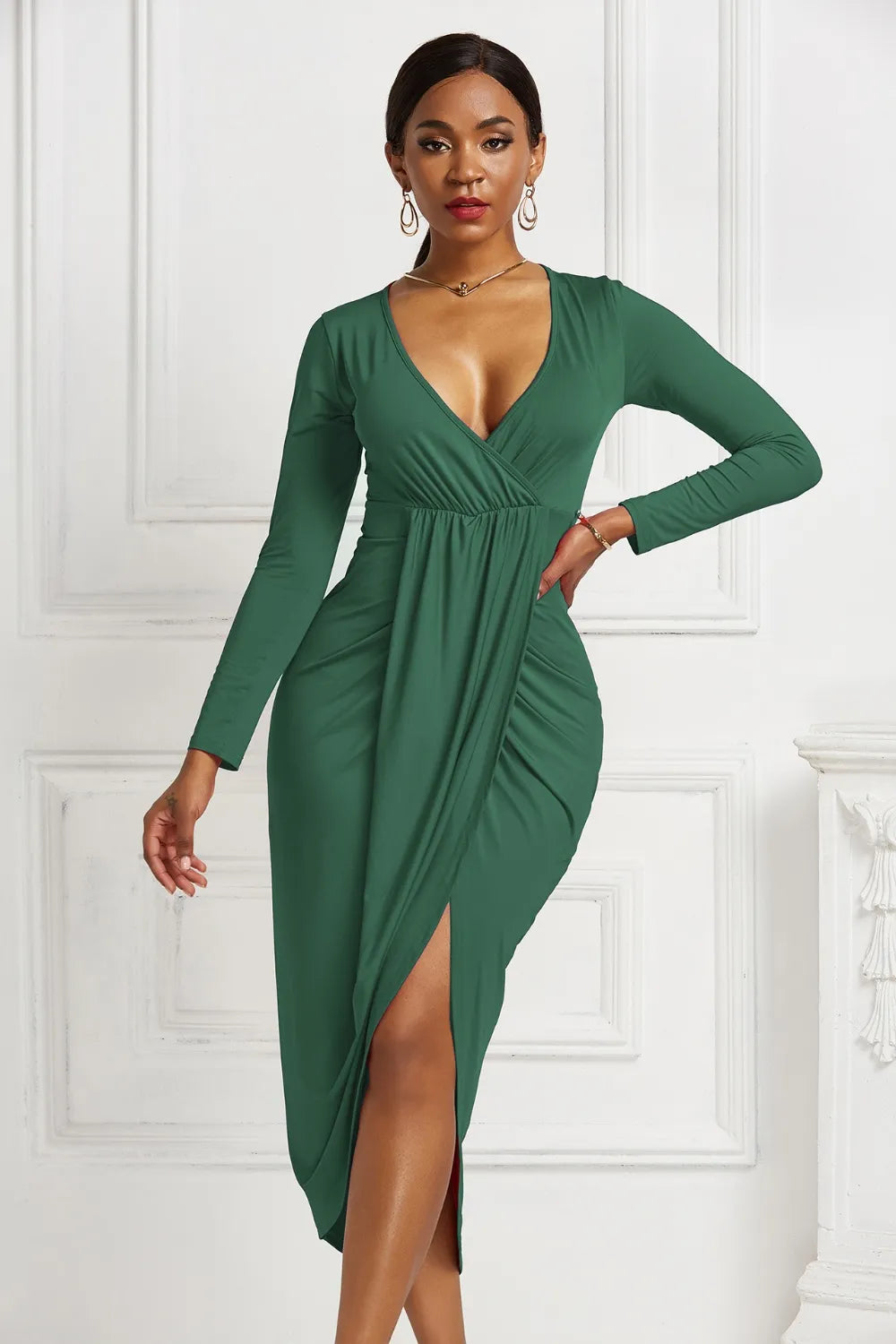 Ruched Surplice Long Sleeve High-Low Dress