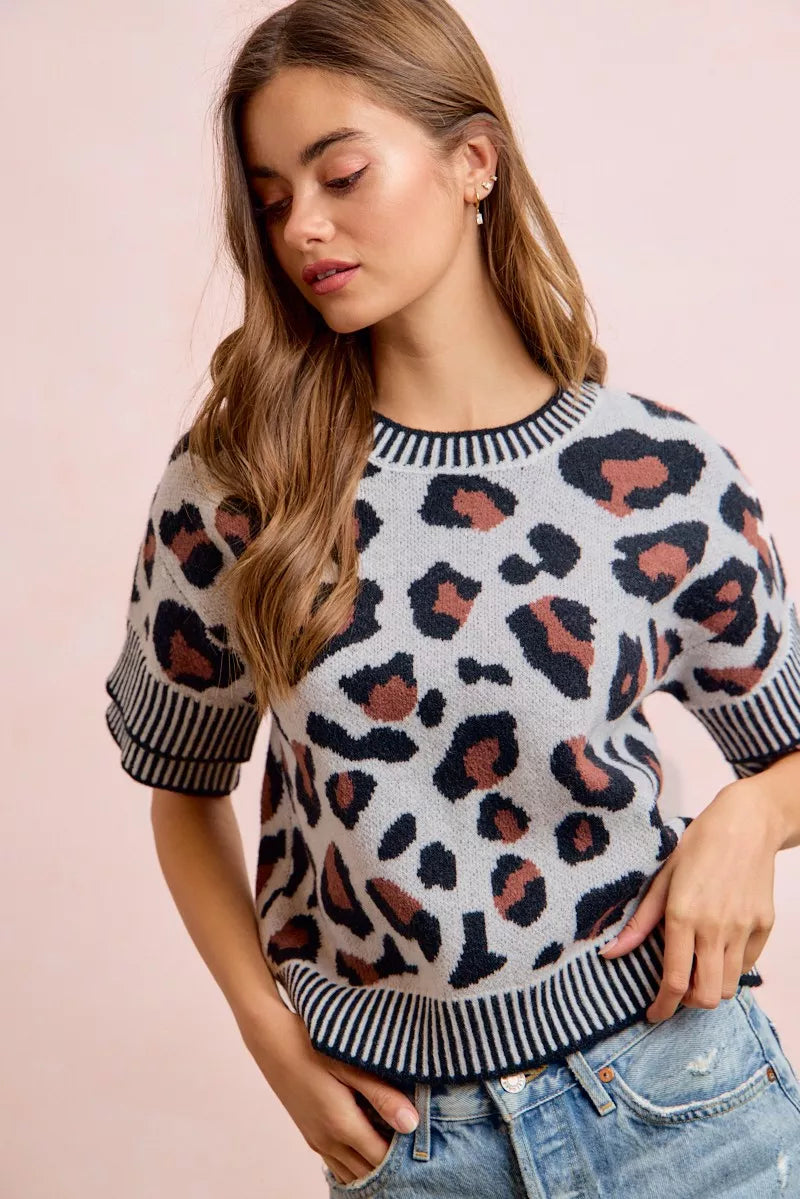Two-Tone Double Sleeve Knit Top in Leopard by BiBi