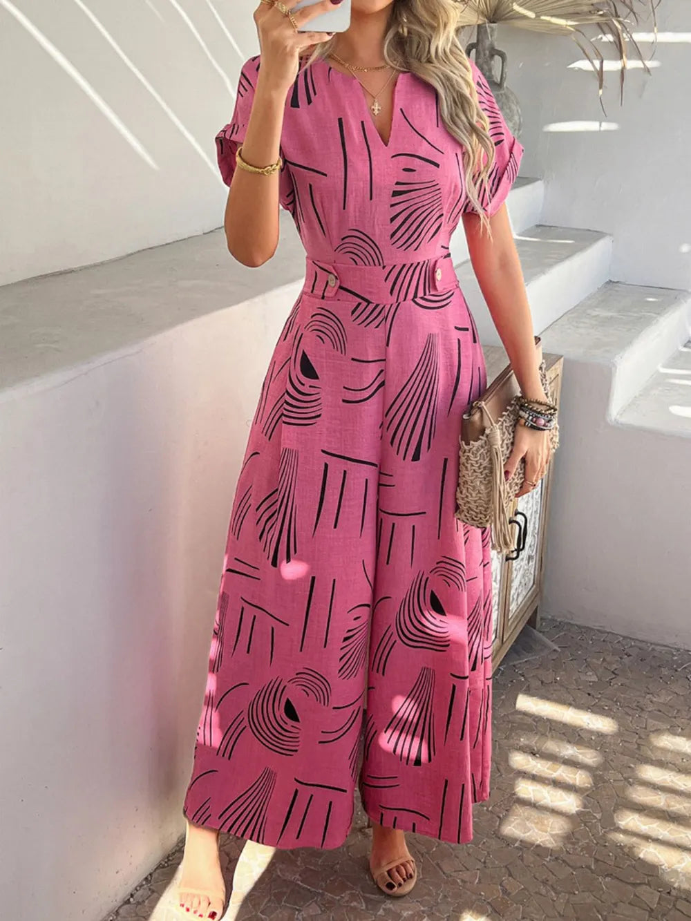 Printed Notched Wide-Leg Jumpsuit