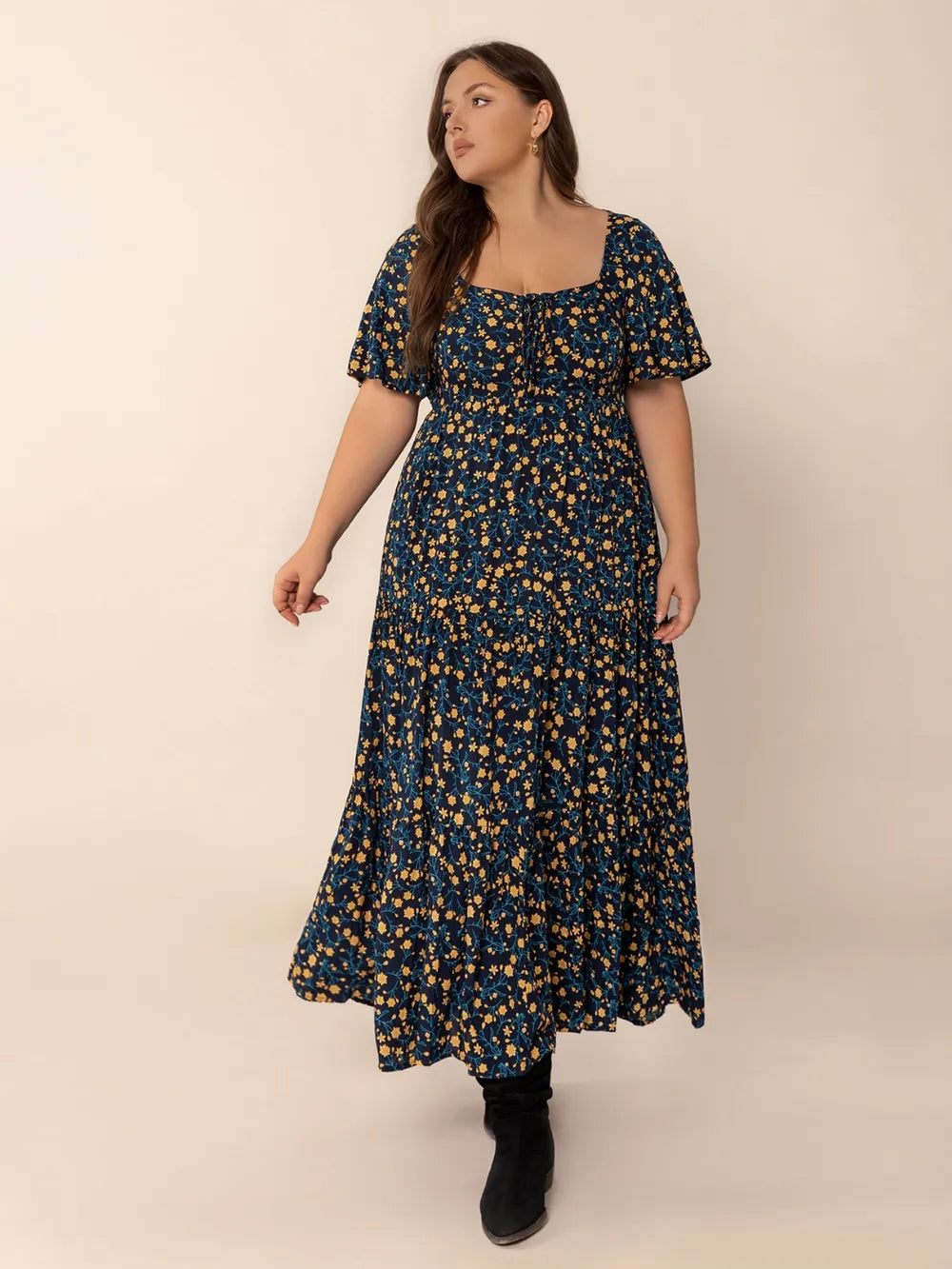 Printed Short-Sleeve Tiered Maxi Dress in Black