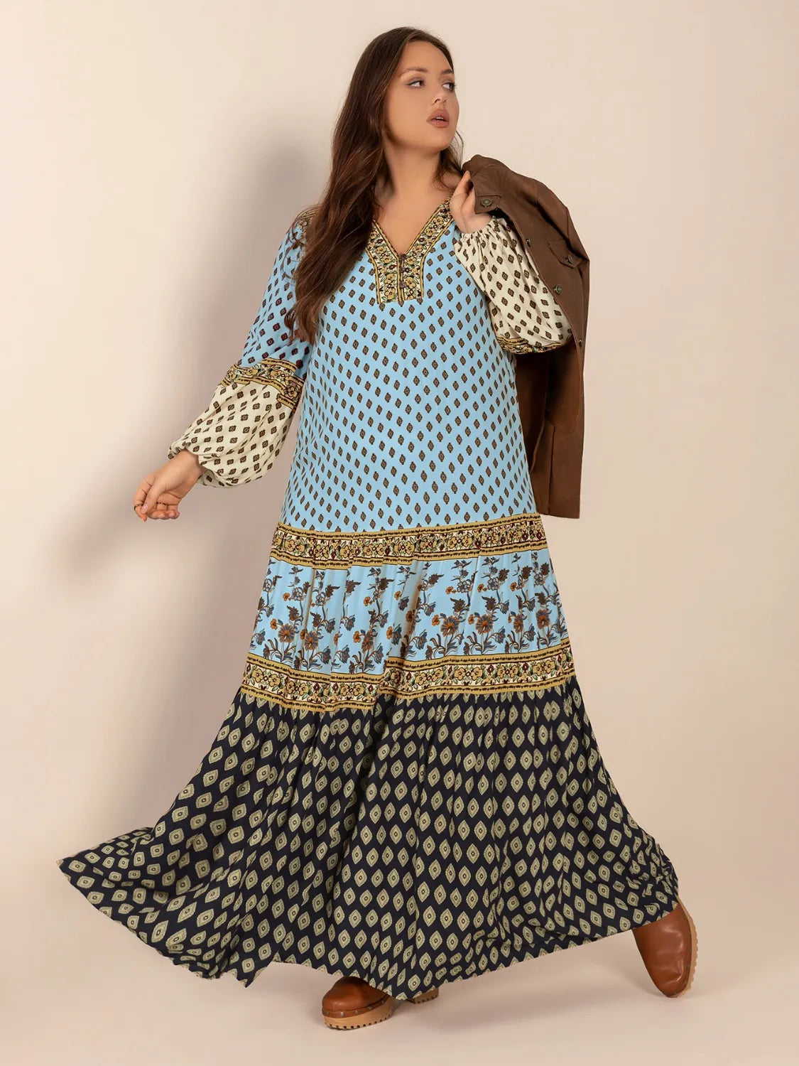 V-Neck Balloon Sleeve Maxi Dress in Sky Blue