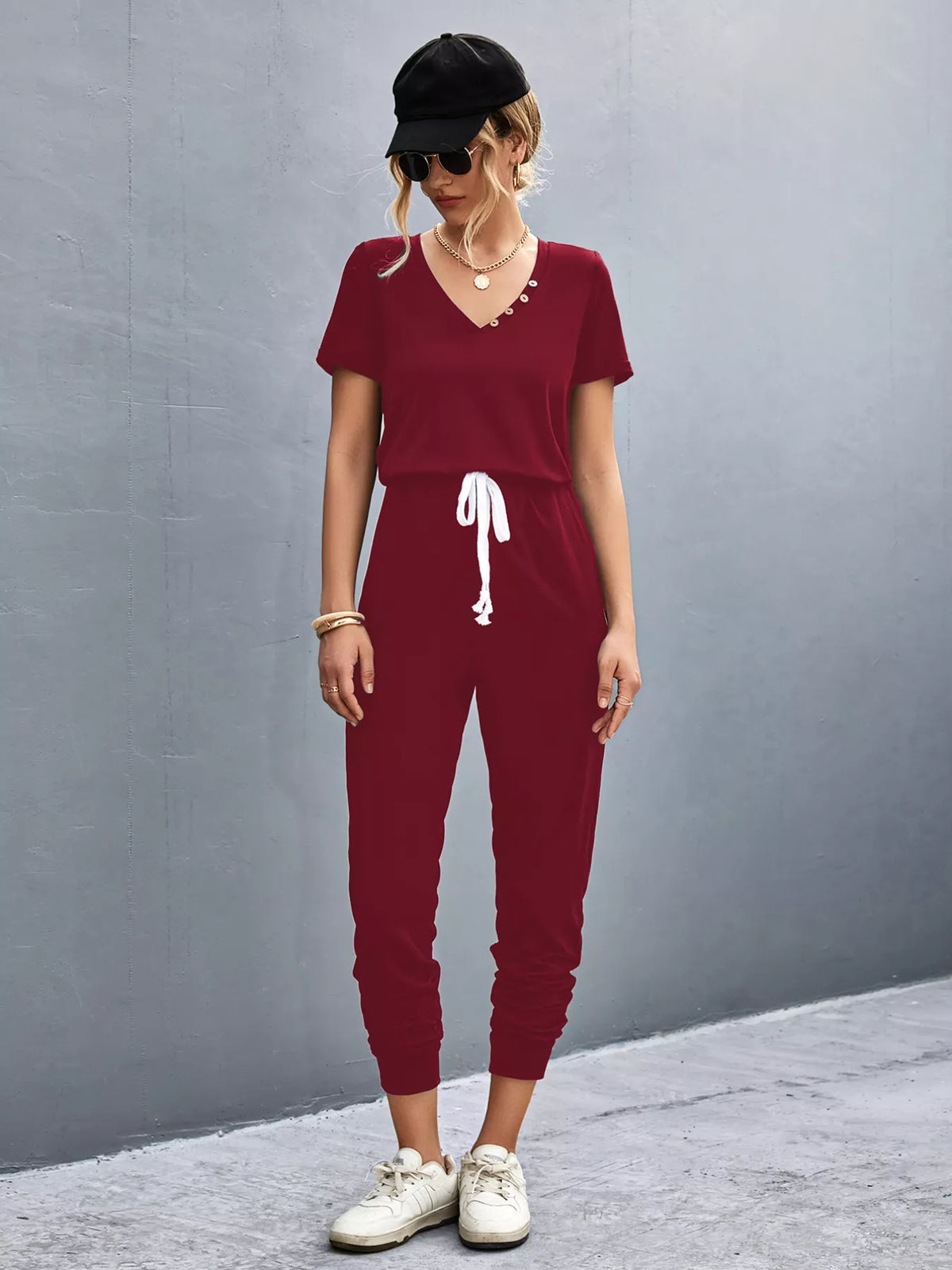 V-Neck Drawstring Waist Jumpsuit in Burgundy