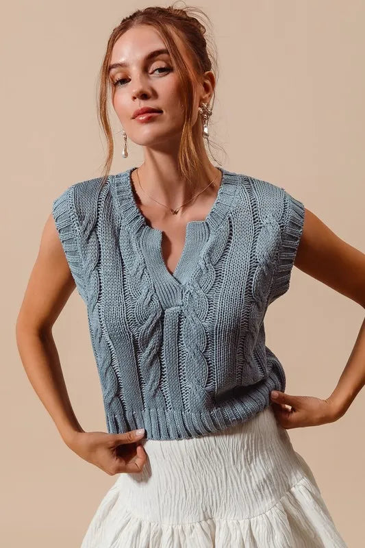 Ilussa Notched Neck Cable Knit Sweater Vest in Denim