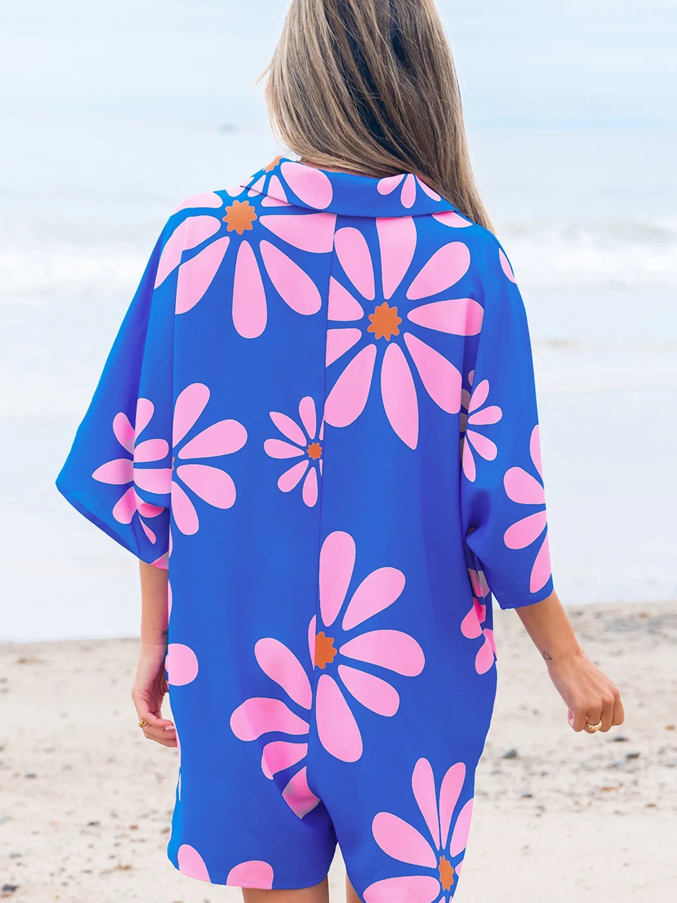 Flower Print Button Front Romper in Blue