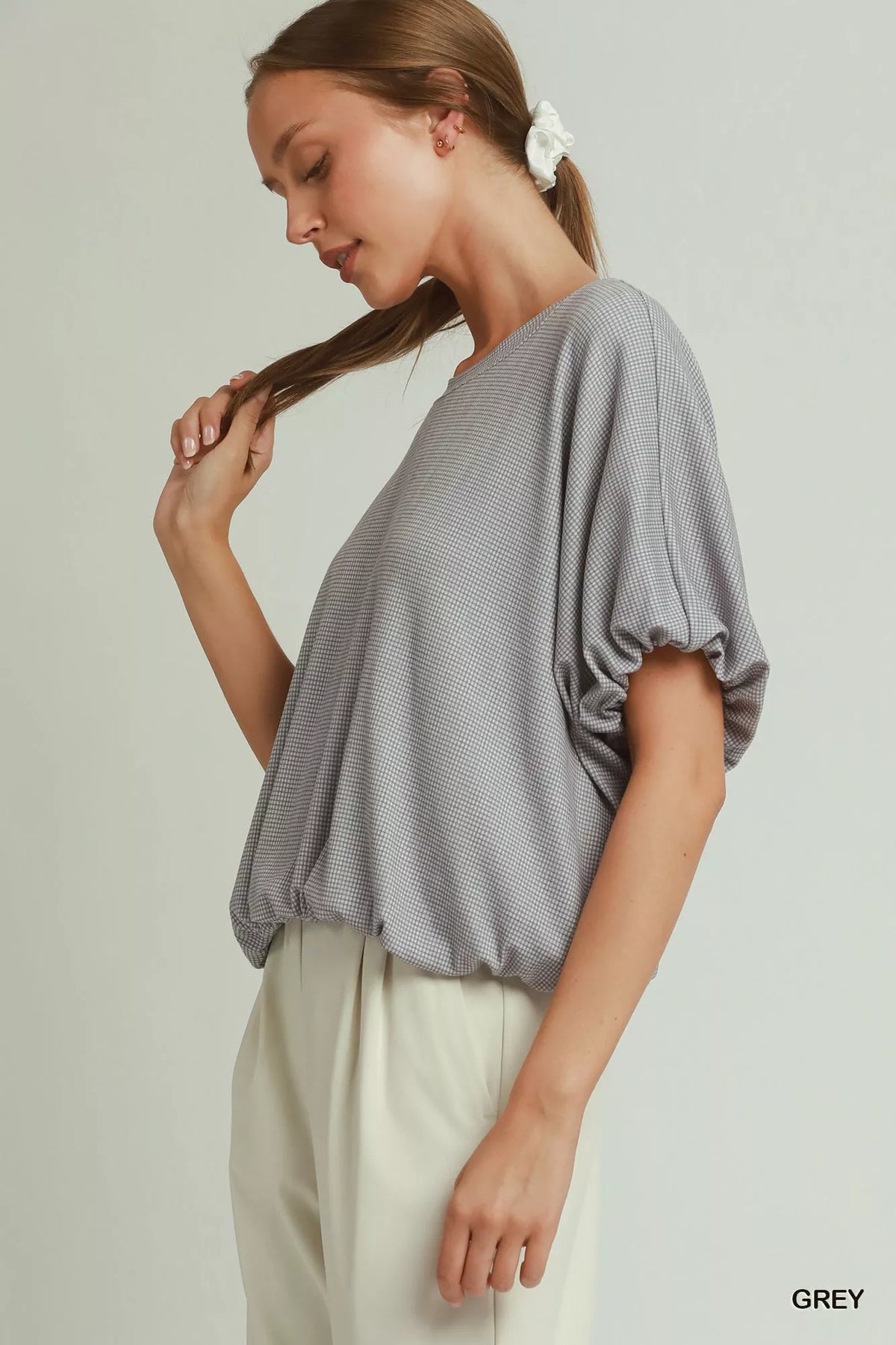 Umgee Checkered Bubble Hem Top in Grey