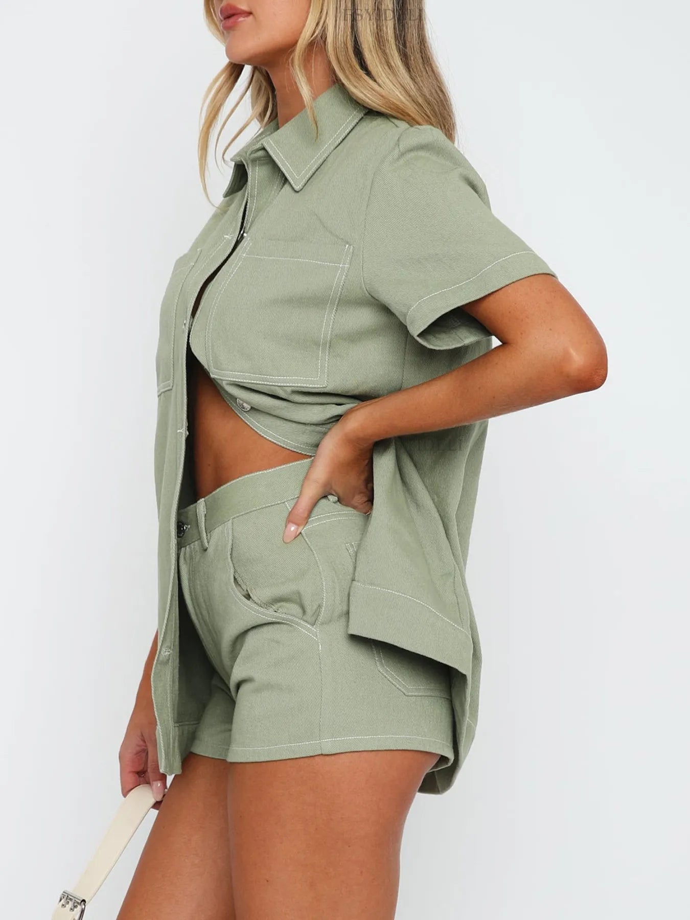 Button-Up Short-Sleeve Top and Shorts Denim Set