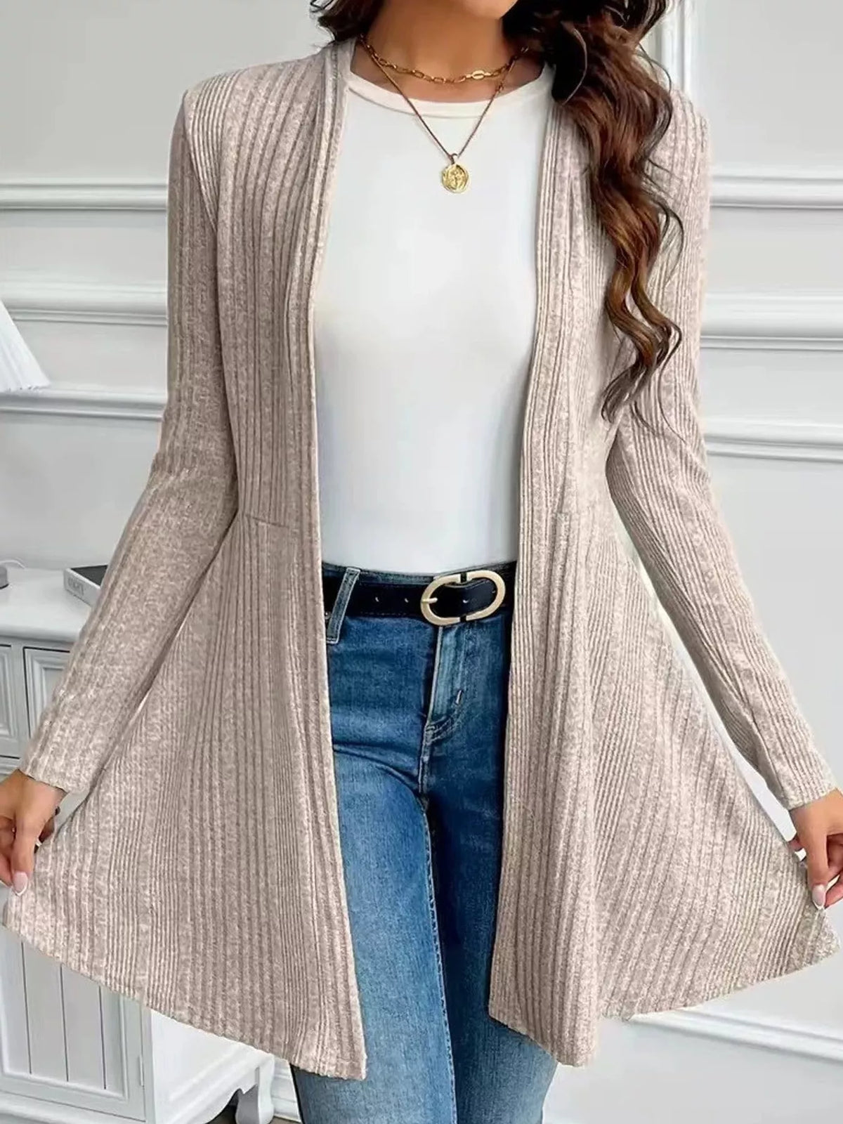 Ribbed Knit Open-Front Cardigan