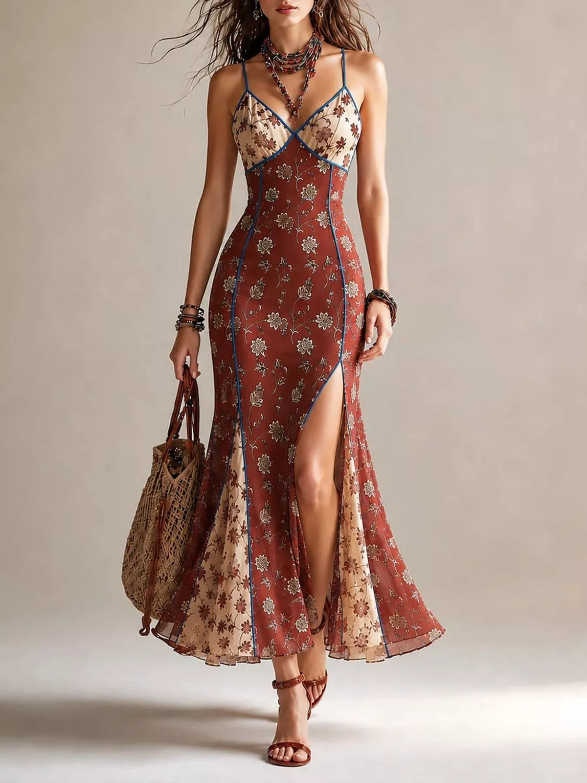Floral Print Spaghetti Strap Maxi Dress in Rust by Yvette