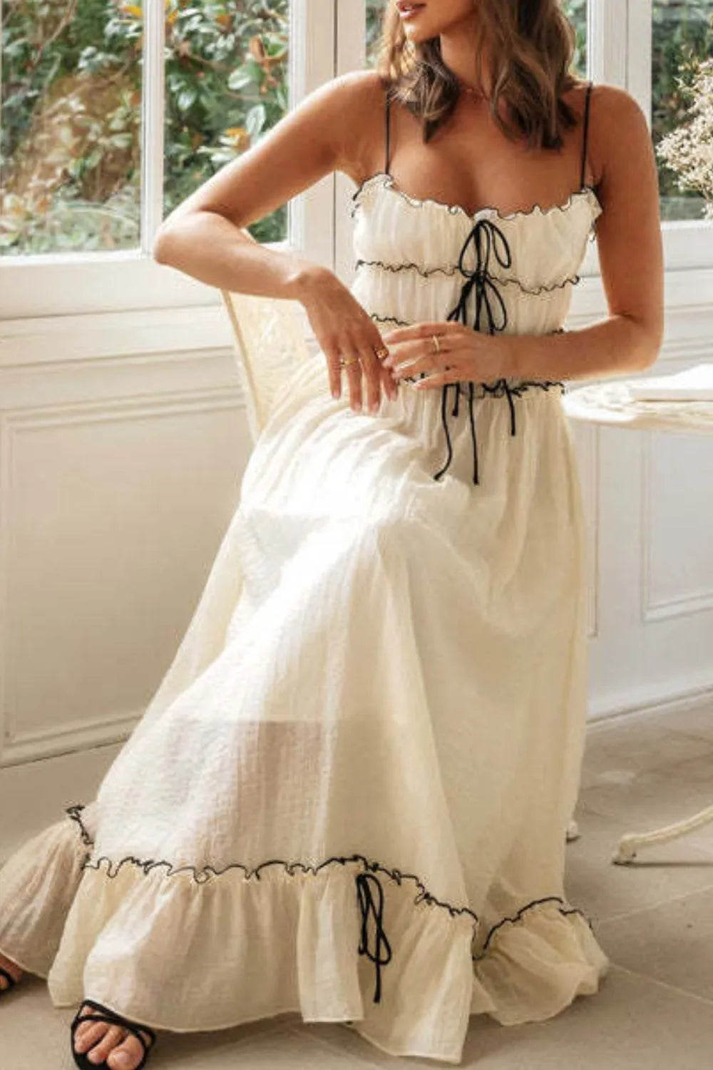 Frill Lace-Up Midi Cami Dress