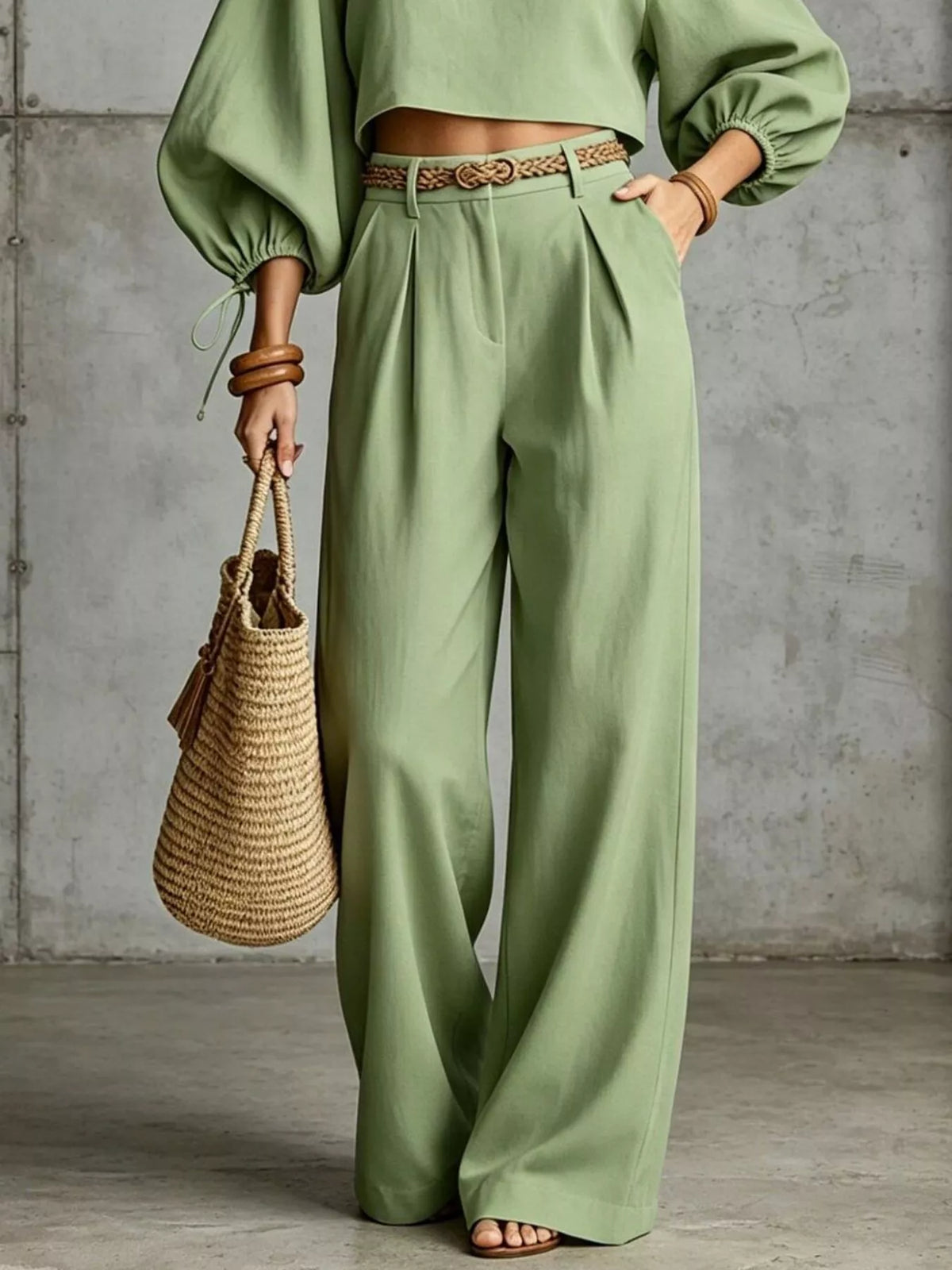 Balloon Sleeve Crop Top and Wide-Leg Pants Set