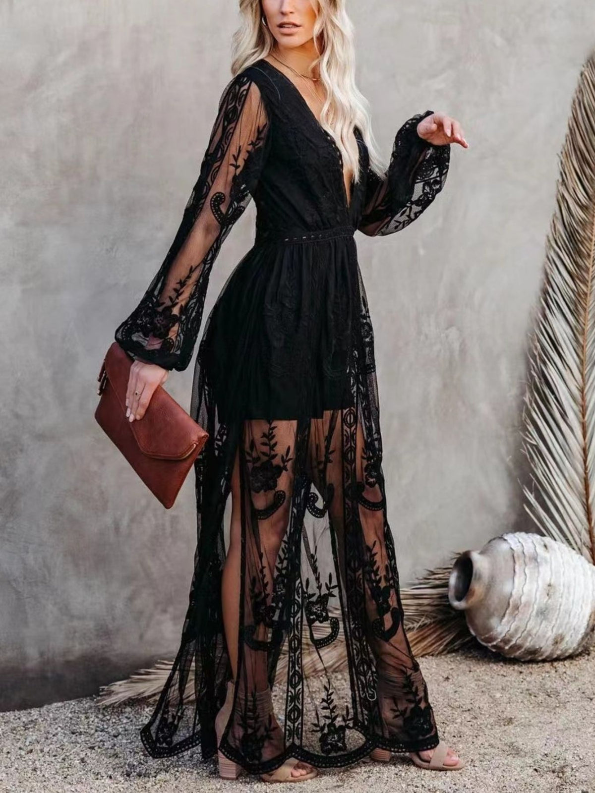 Floral Lace Maxi Dress with Side Slit