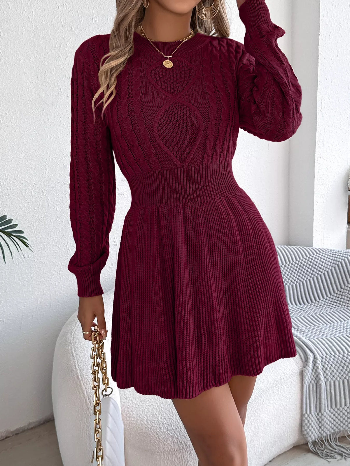 Cable Knit Long Sleeve Sweater Dress