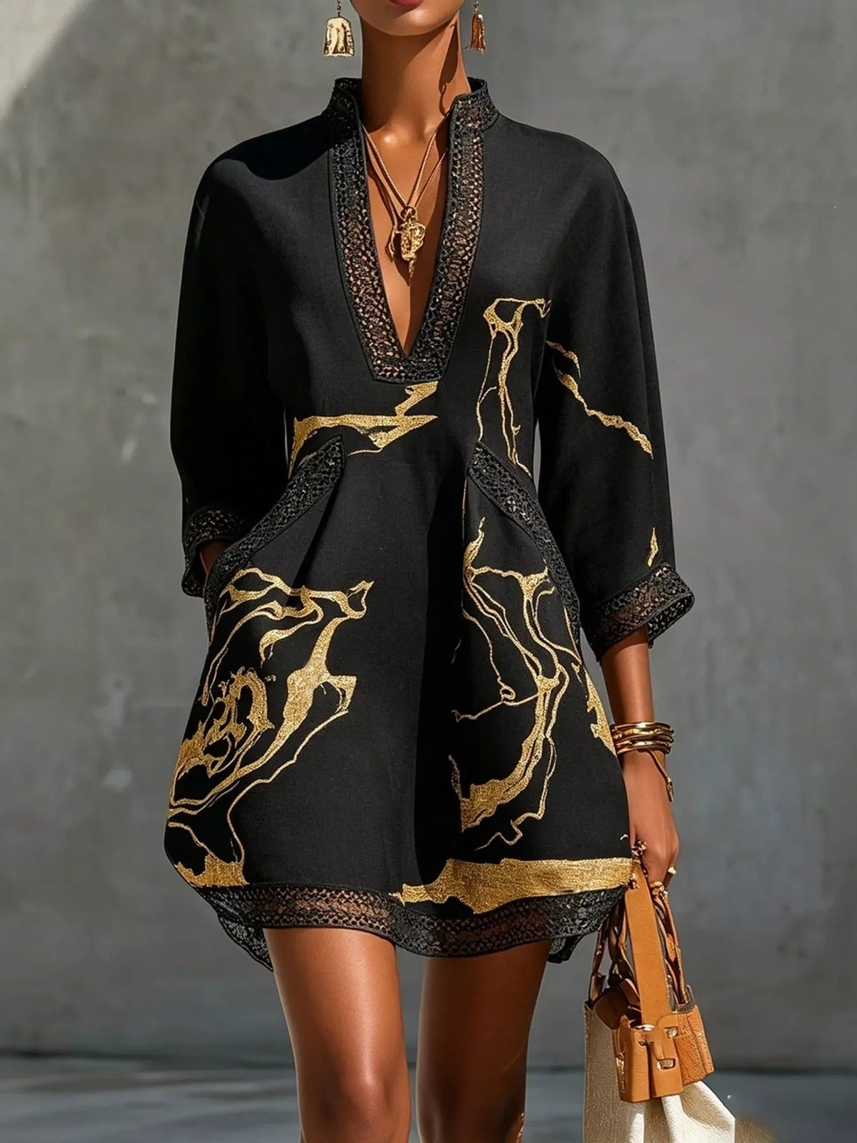 Notched 3/4 Sleeve Lace Mini Dress