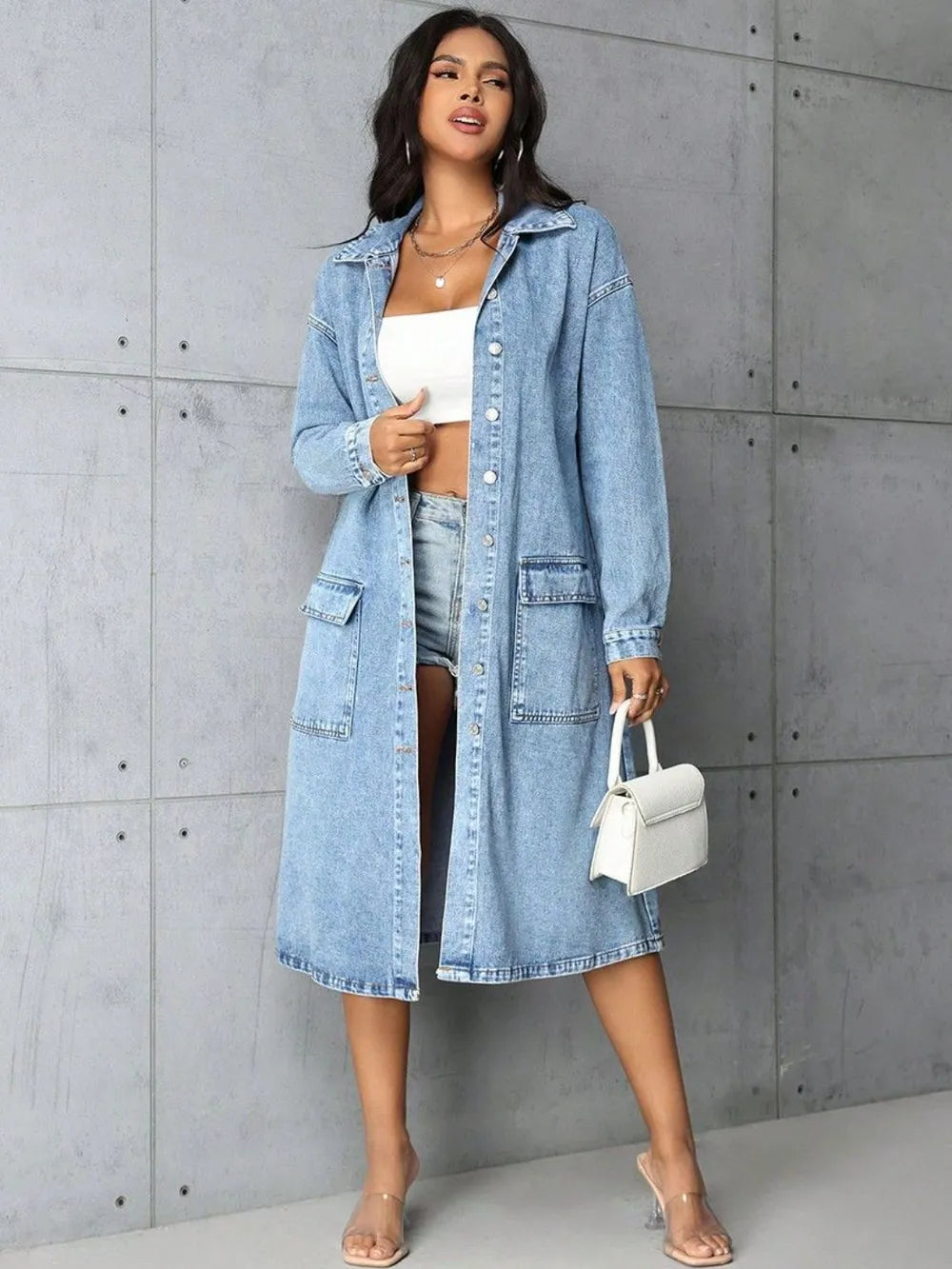 Button Up Collared Denim Top in Medium Wash