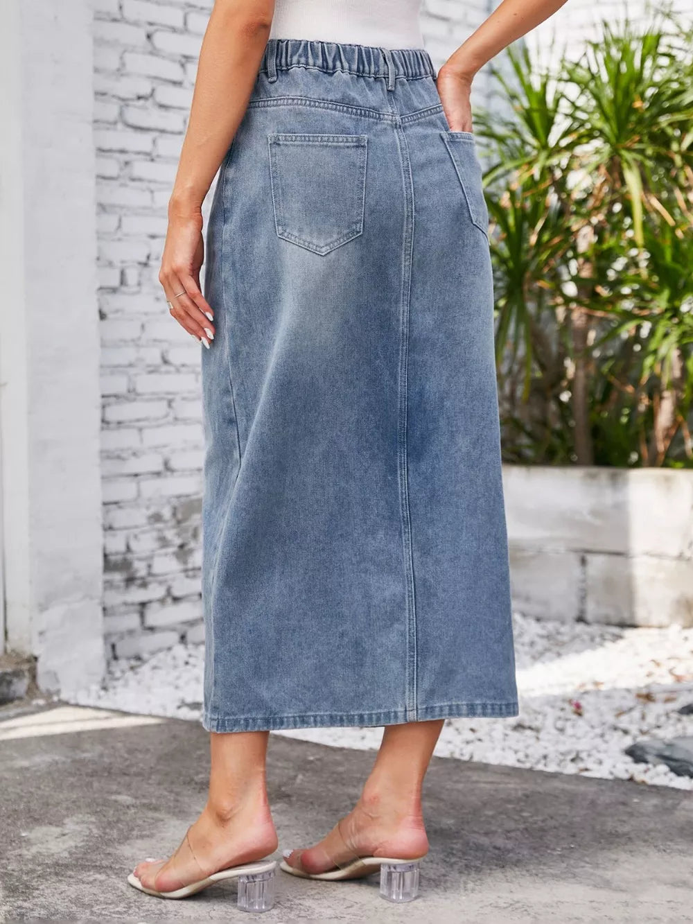 Slit Midi Denim Skirt with Pockets by Manny