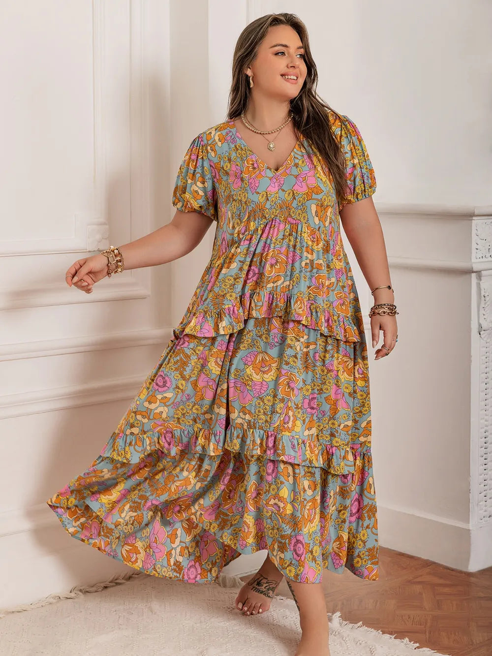 Printed V-Neck Short Sleeve Maxi Dress in Multicolor