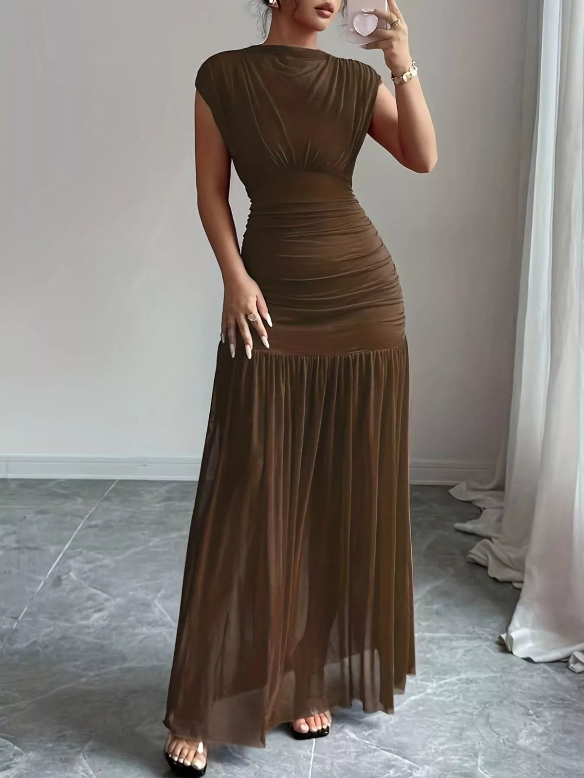 Ruched Bodycon Maxi Dress in Brown