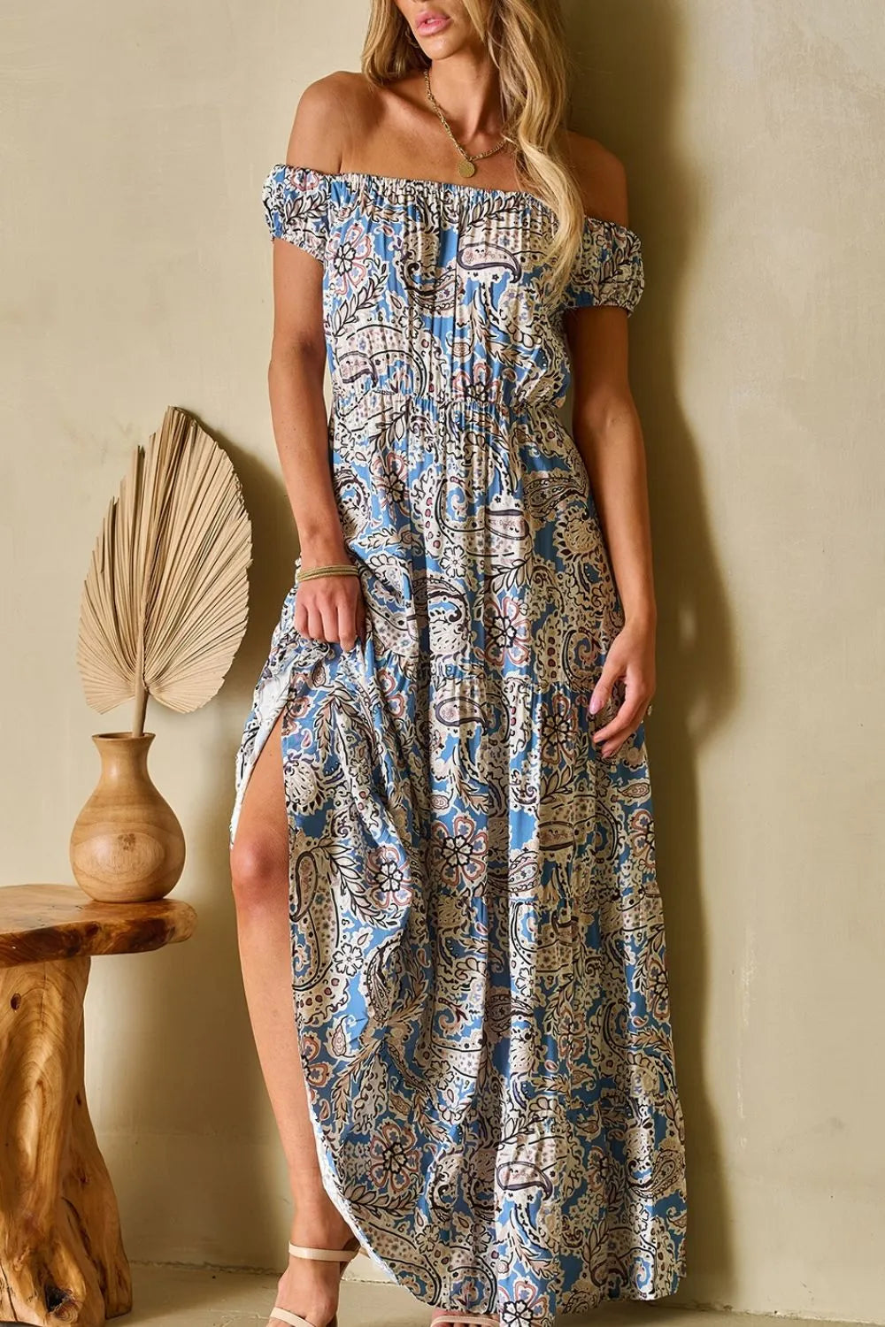 Paisley Print Off Shoulder Maxi Dress in Dusty Blue