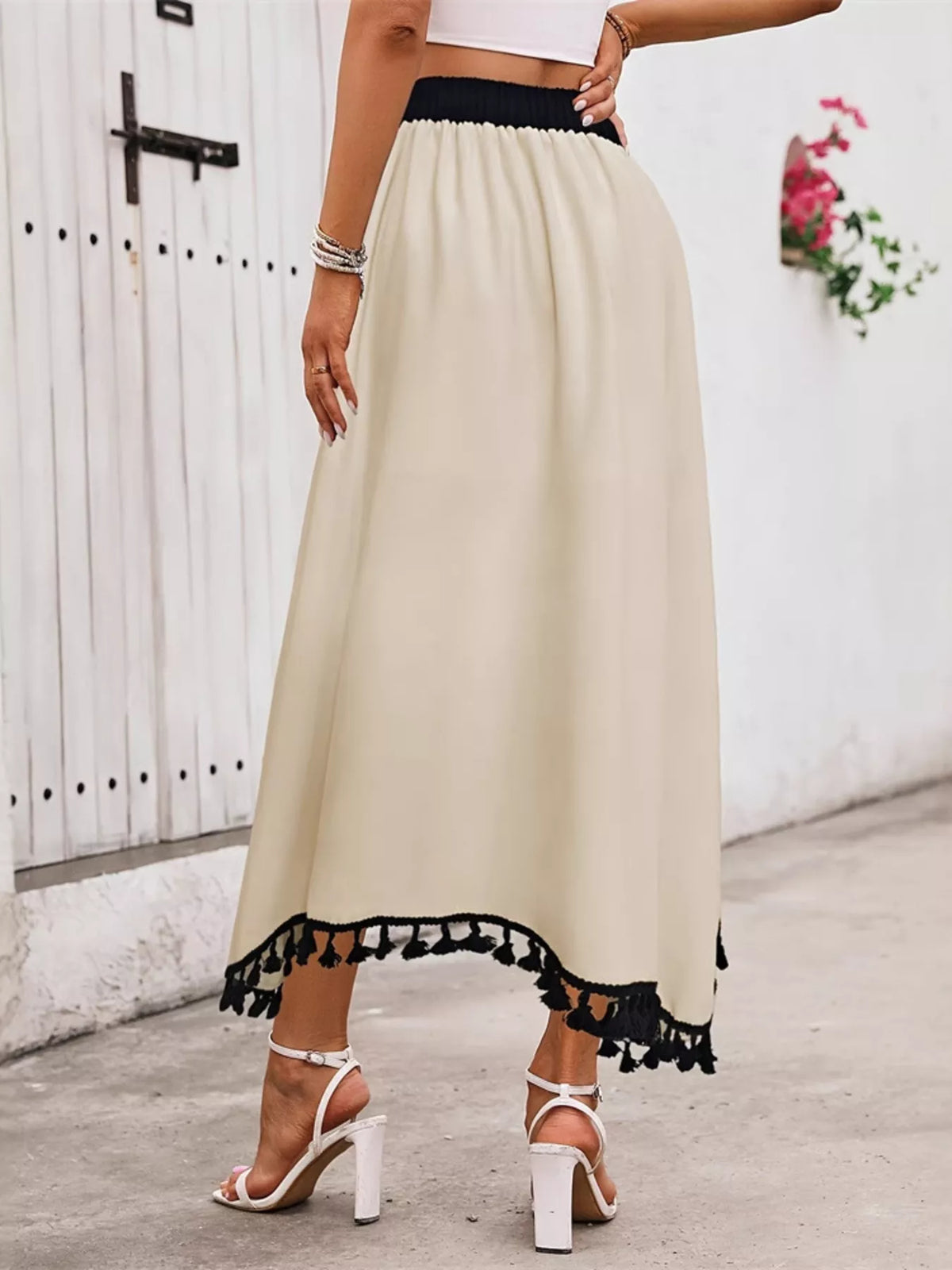 High-Waist Tassel Trim Skirt in Cream