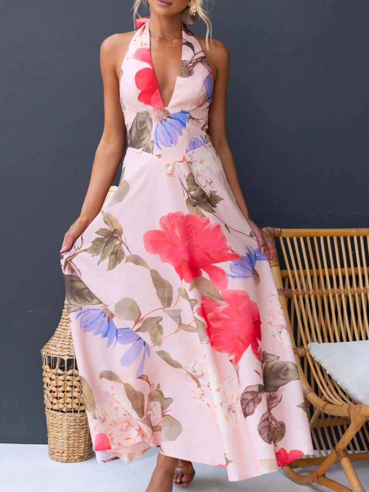 Floral Print Lace-Up Halter Maxi Dress