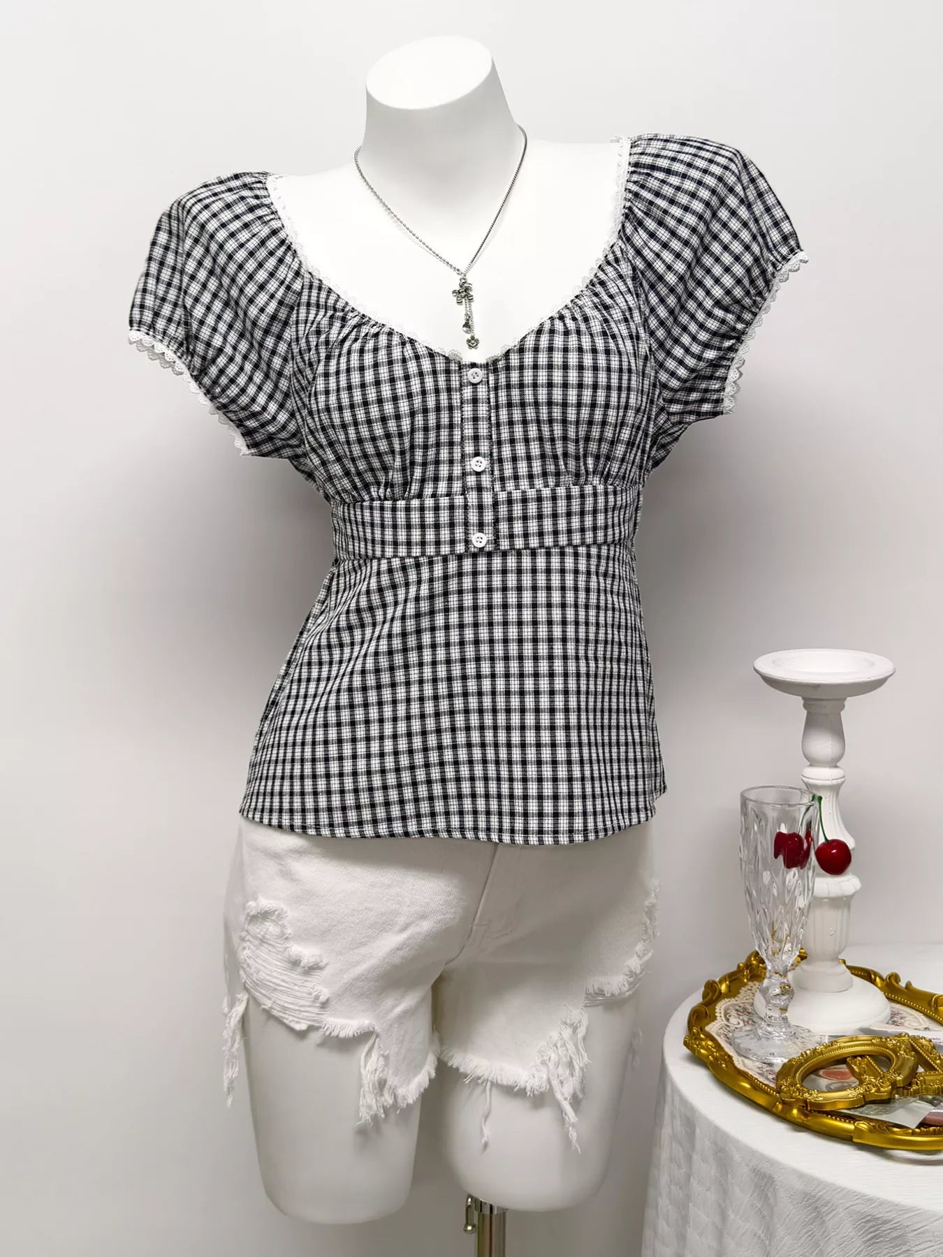 Plaid Short Sleeve Blouse in Black