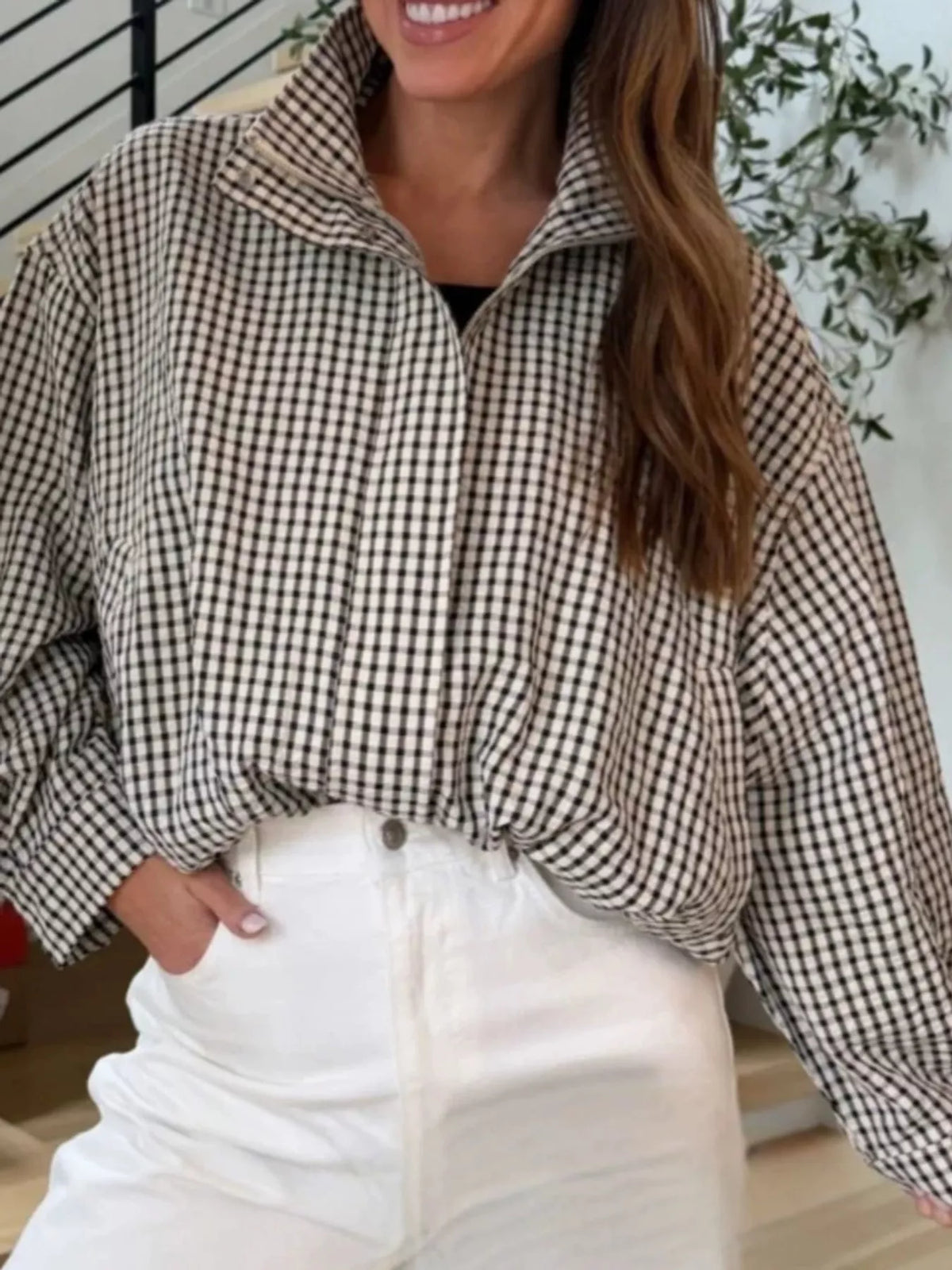 Plaid Stand-Collar Cropped Jacket