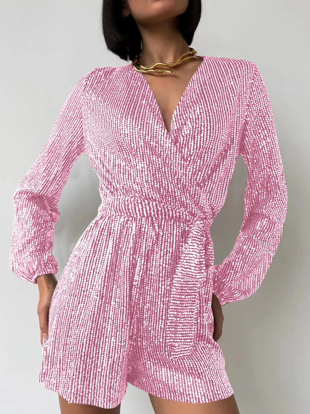 Sequin Surplice Tie Waist Romper