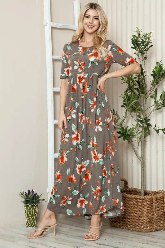Floral Round Neck Short Sleeve Maxi Tee Dress in Coffee Brown