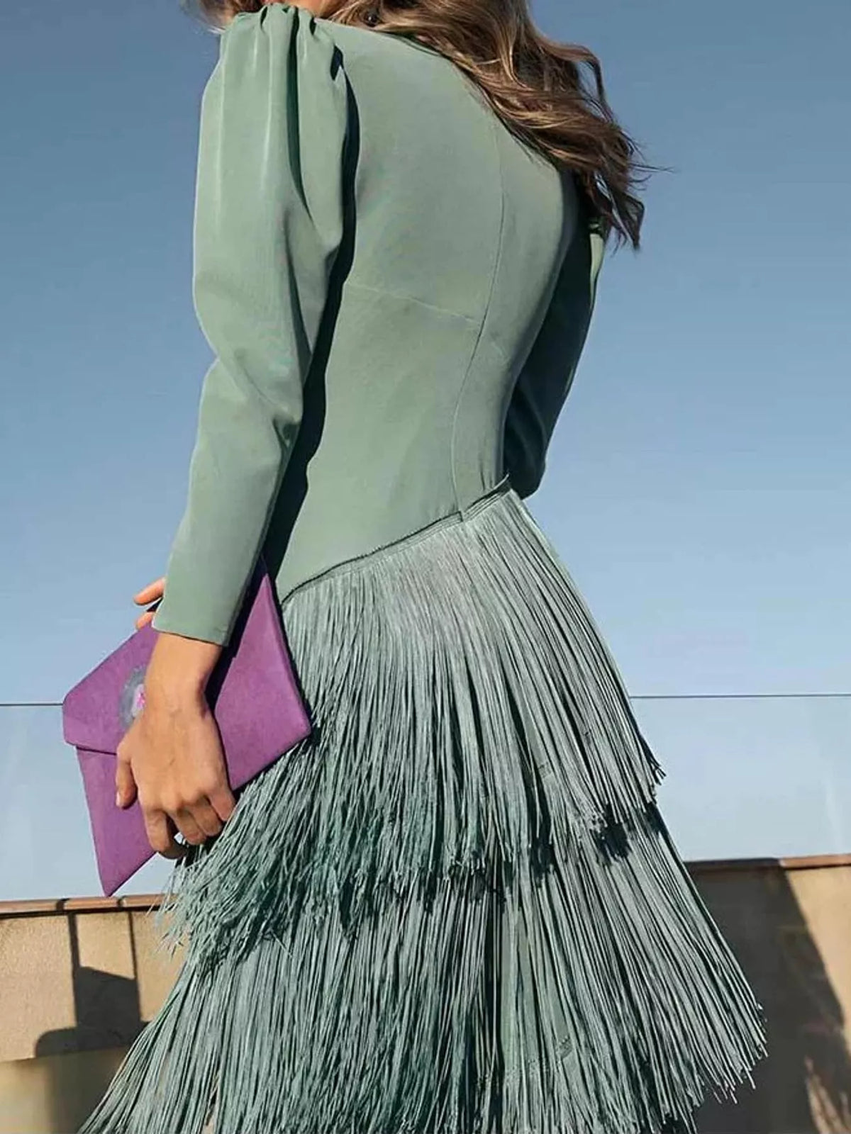 Fringed V-Neck Puff Sleeve Maxi Dress