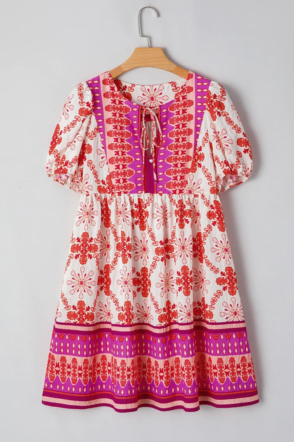 Hot Pink Boho Floral Tie-Neck Mini Dress