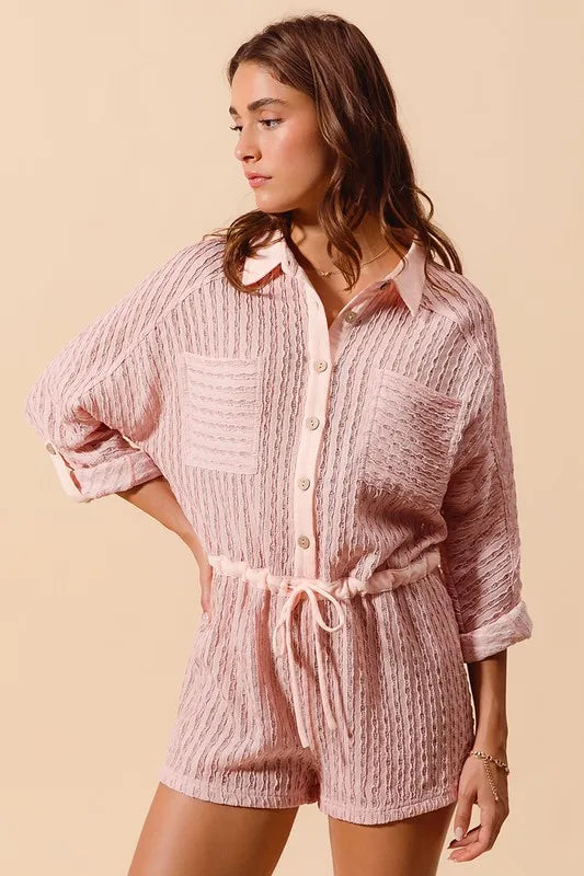 So Me Textured Knit Button Front Romper in Dusty Pink