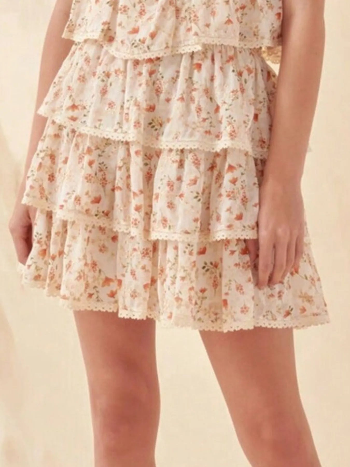 Floral Layered Ruffle Mini Skirt in Apricot