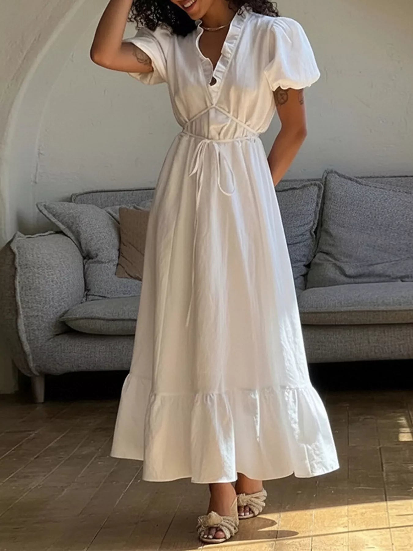 Ruffle Trim Puff Sleeve Maxi Dress
