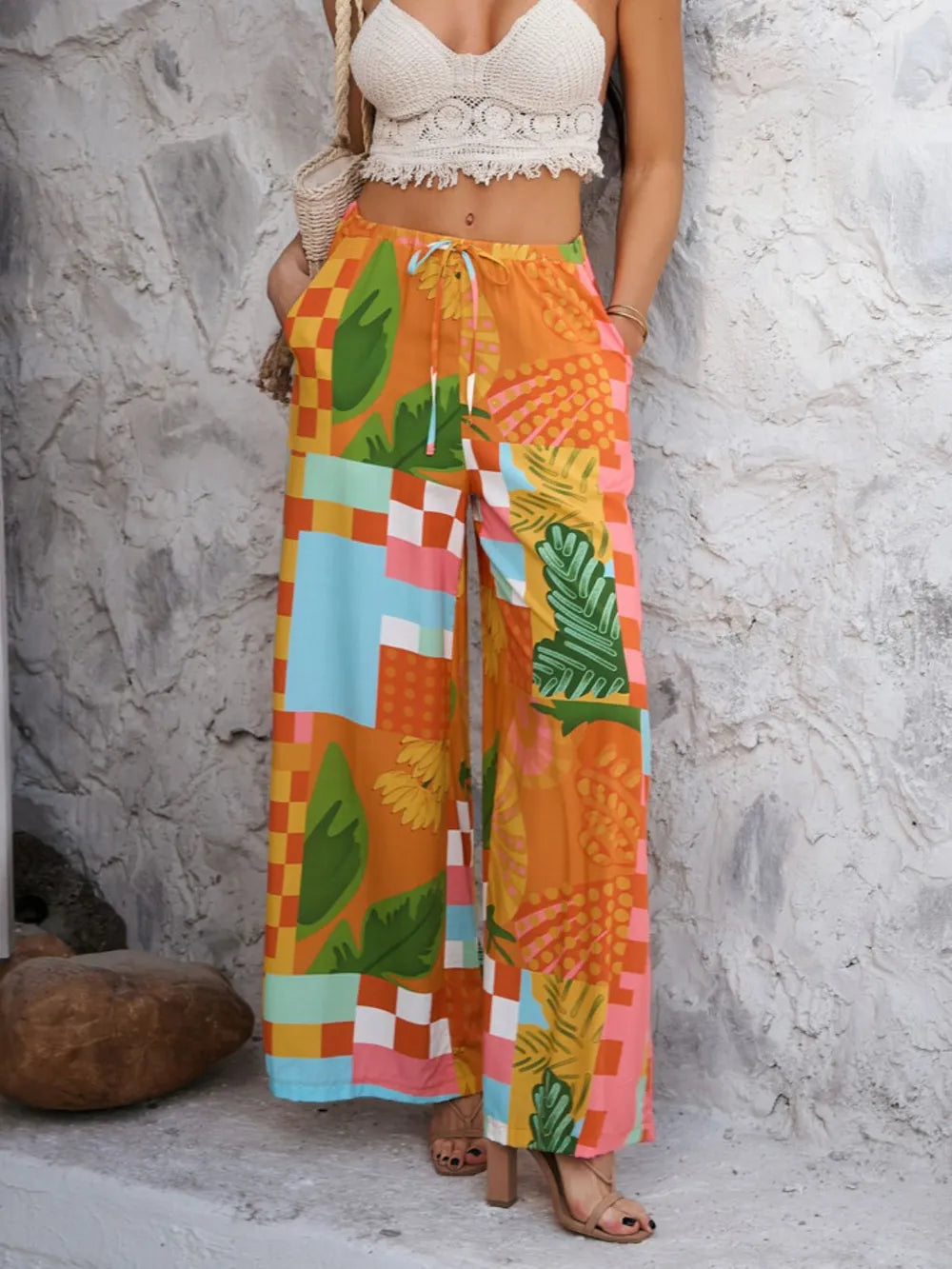 Drawstring Printed Wide Leg Pants