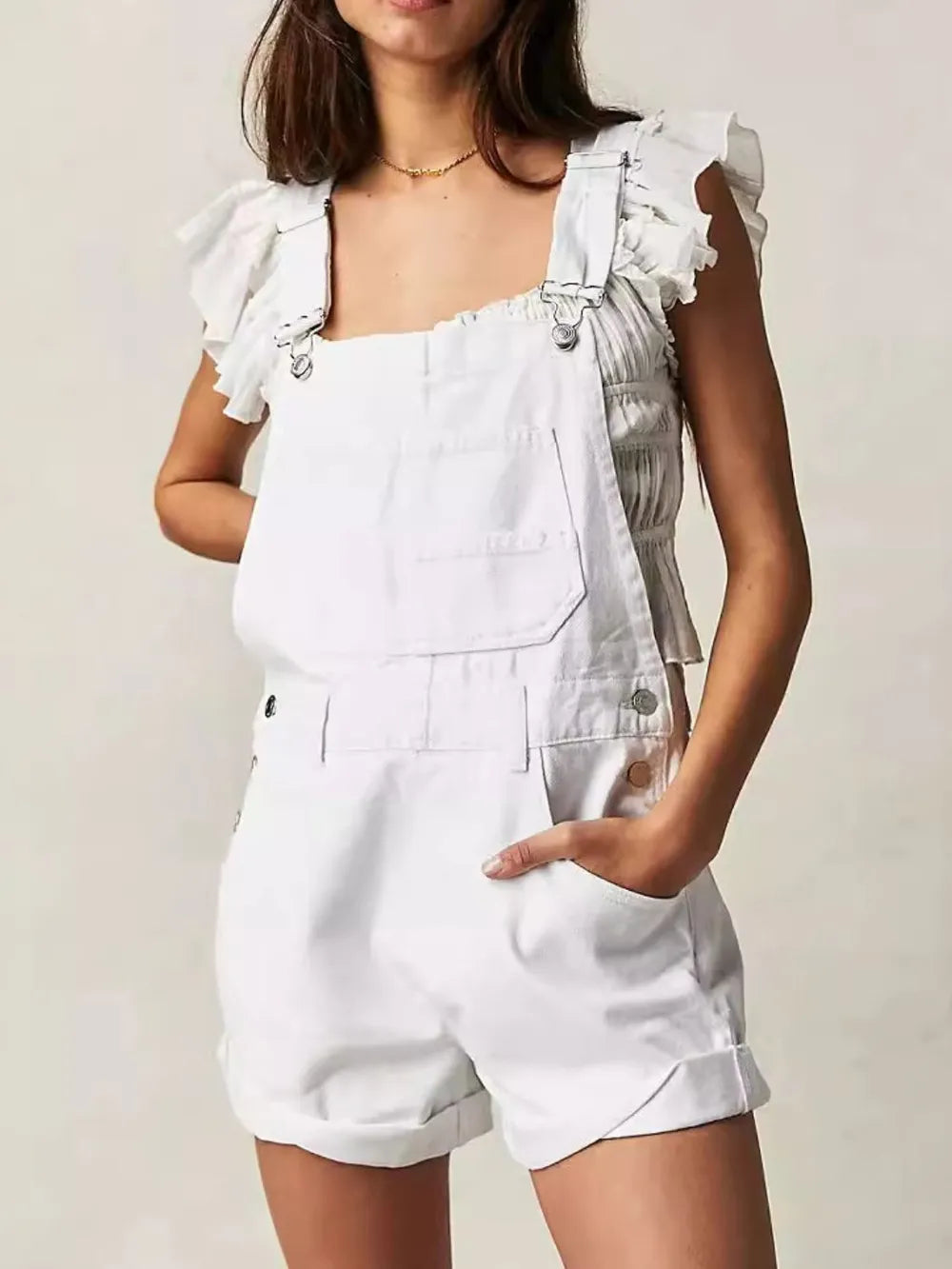 Wide Strap Square Neck Denim Overalls in White by Dreamy Drapes