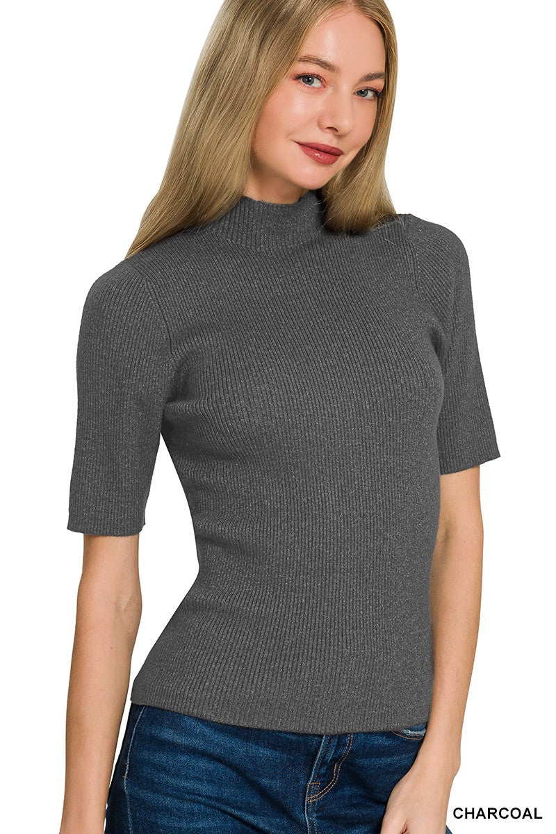 Zenana Ribbed Mock Neck Sweater in Charcoal