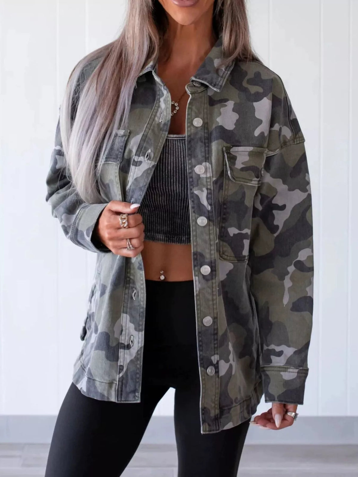 Green Camouflage Print Denim Jacket