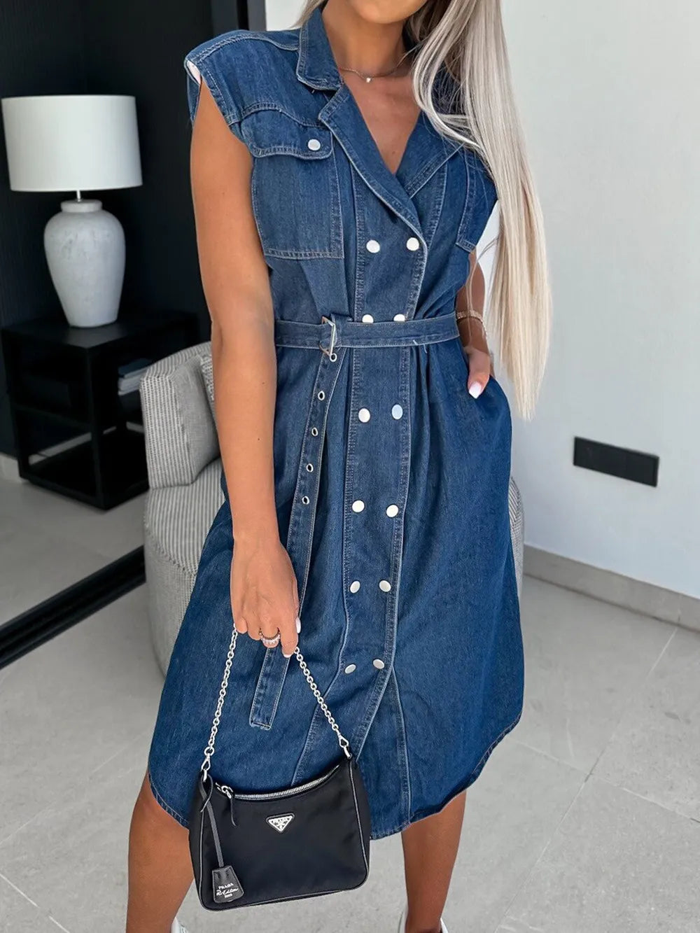 Collared Cap Sleeve Denim Dress by Y.Y@Denim