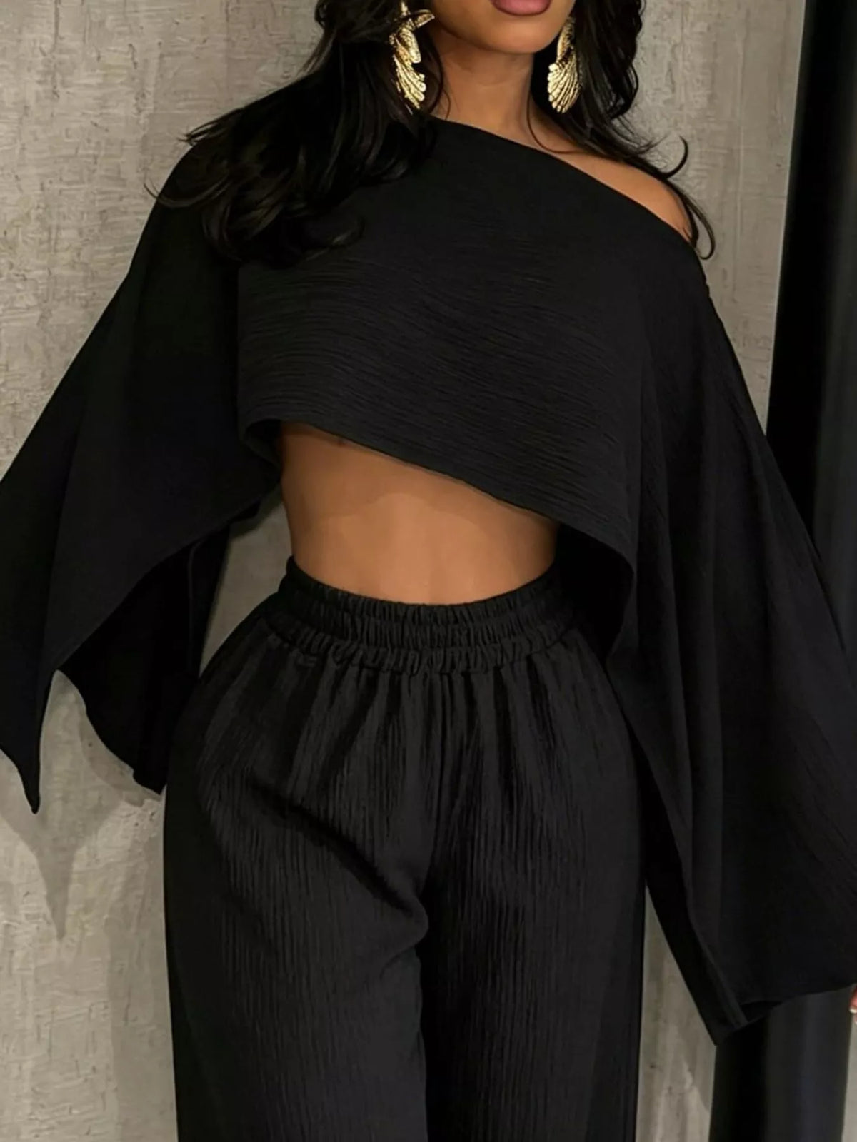 Boat Neck Crop Top and Wide-Leg Pants Set