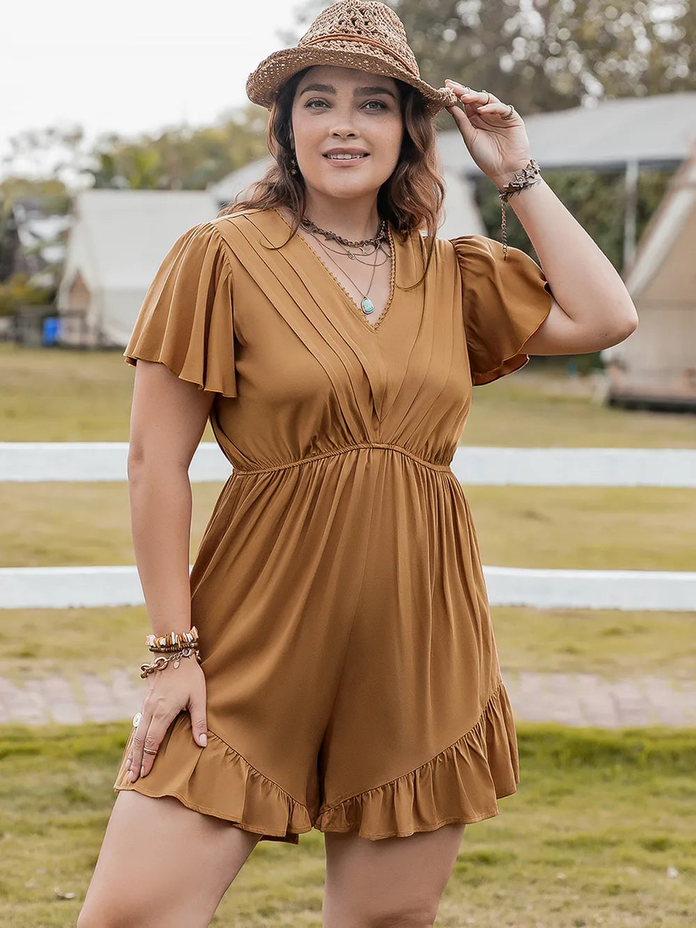 Ruffled V-Neck Romper in Caramel