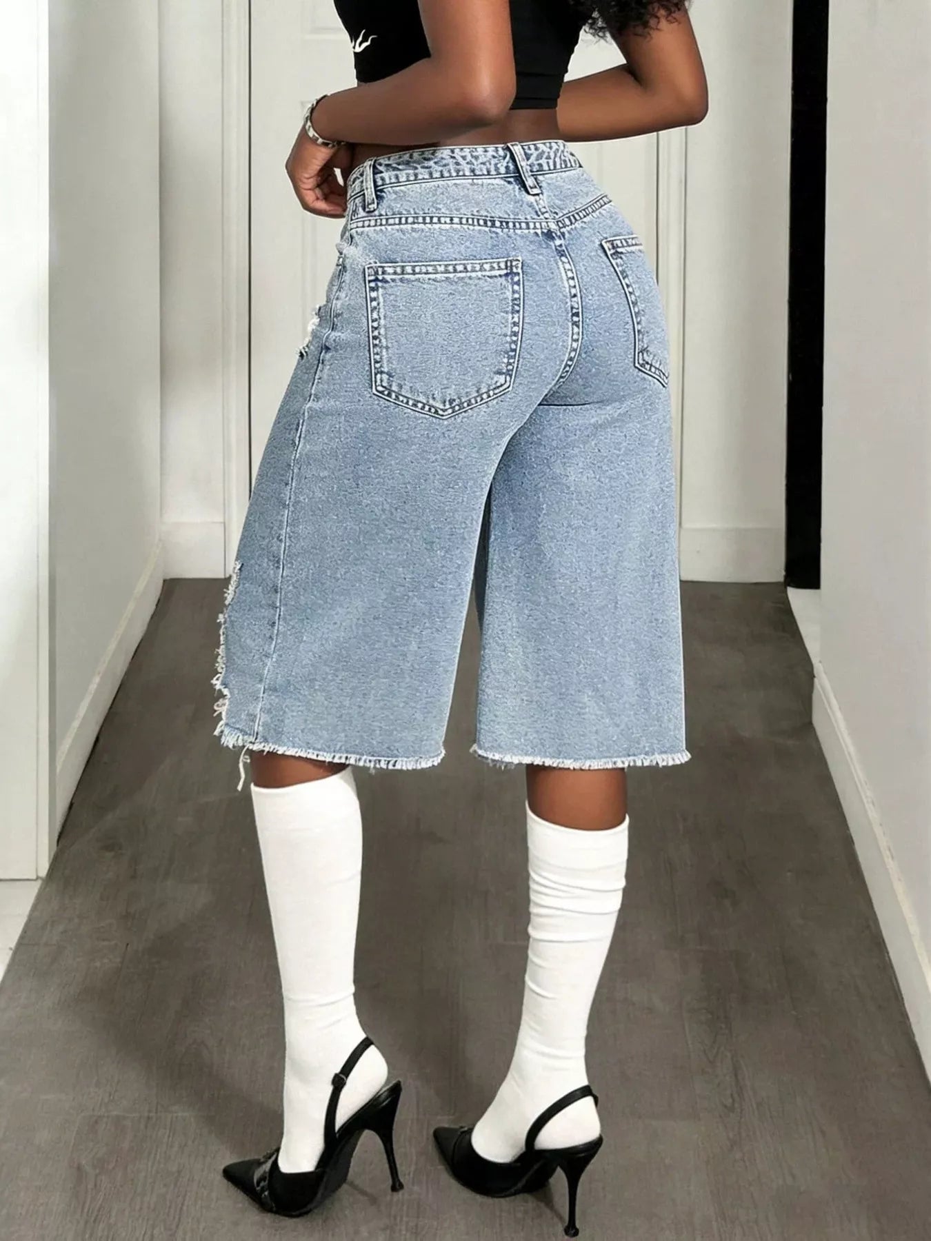 Distressed Wide-Leg Denim Shorts in Light Blue