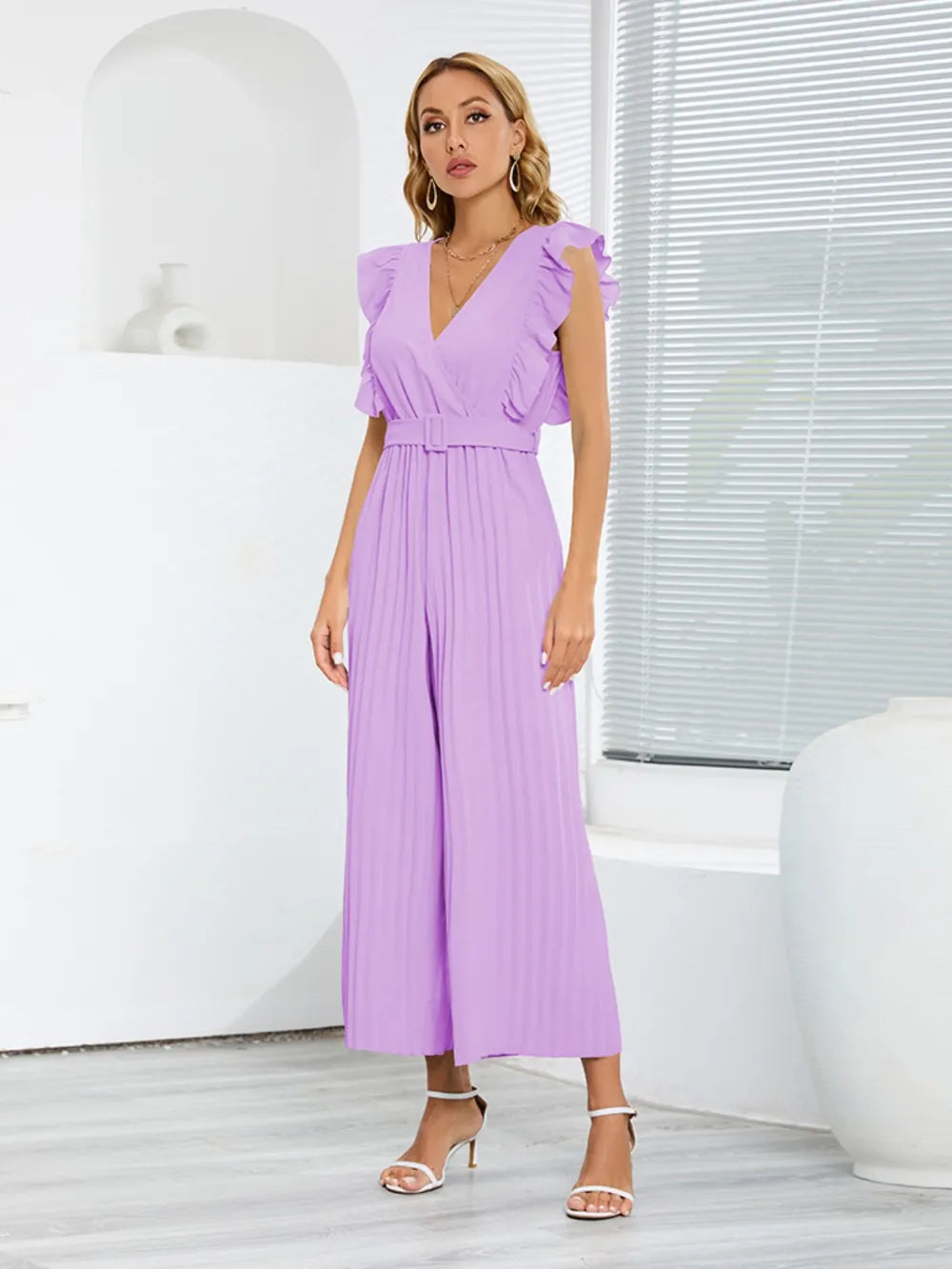 Ruffled Surplice Cap-Sleeve Jumpsuit