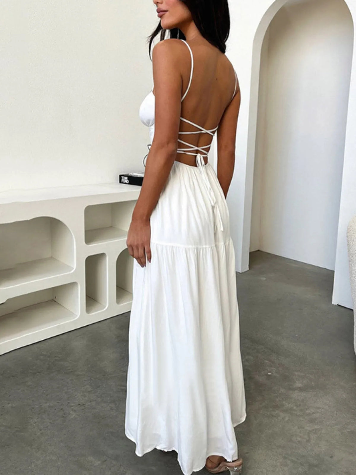 Tiered Lace-Up Spaghetti Strap Maxi Dress