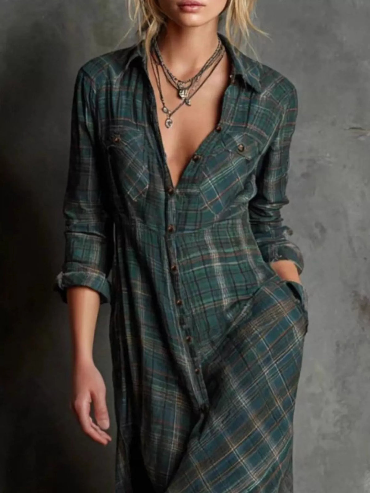 Plaid Button-Down Maxi Dress with Pockets