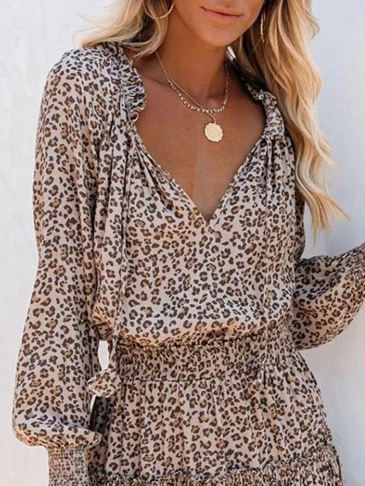 Tie-Neck Lantern Sleeve Dress with Tiered Ruffles