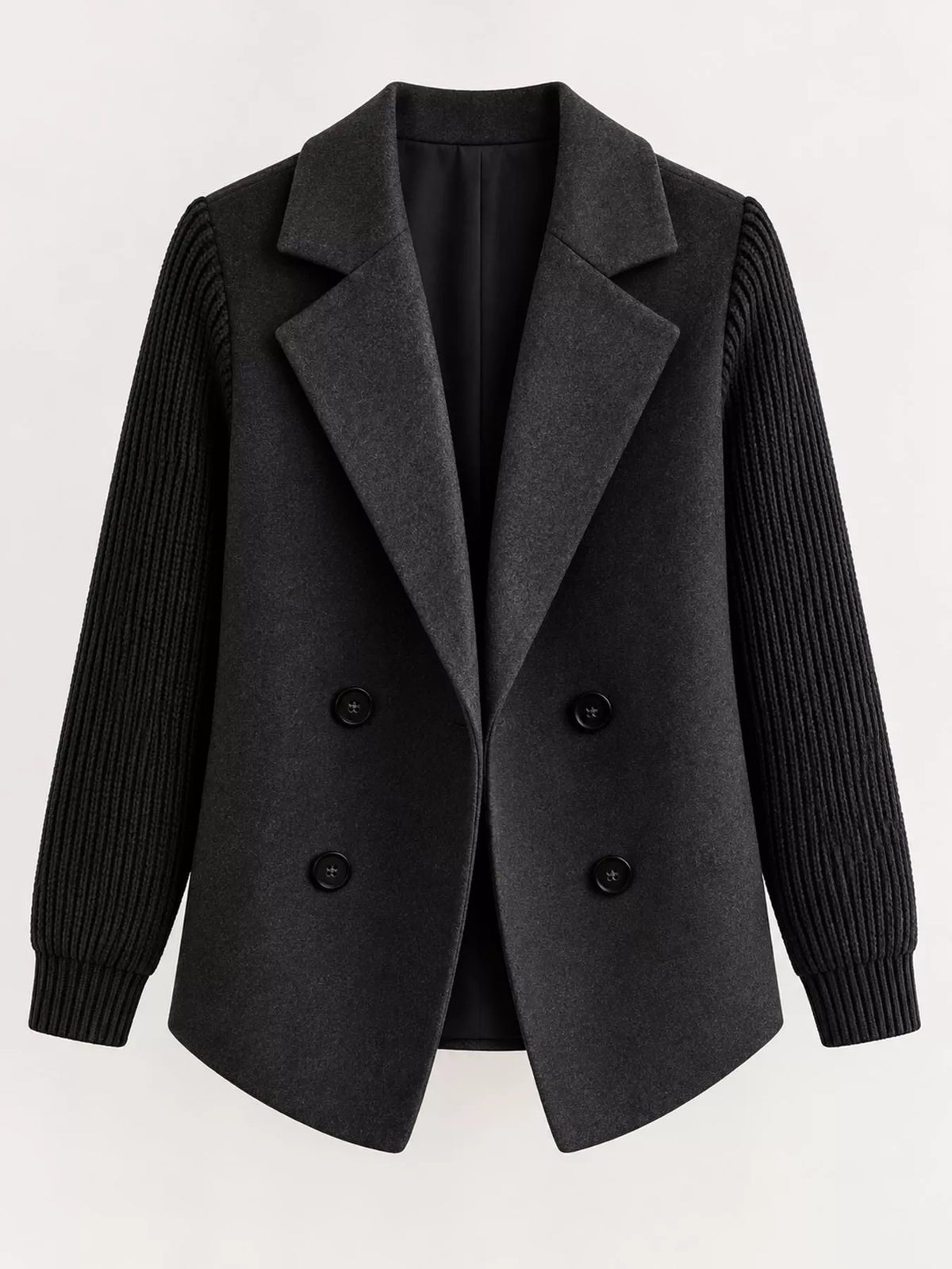 Double-Breasted Hybrid Blazer with Ribbed Knit Sleeves