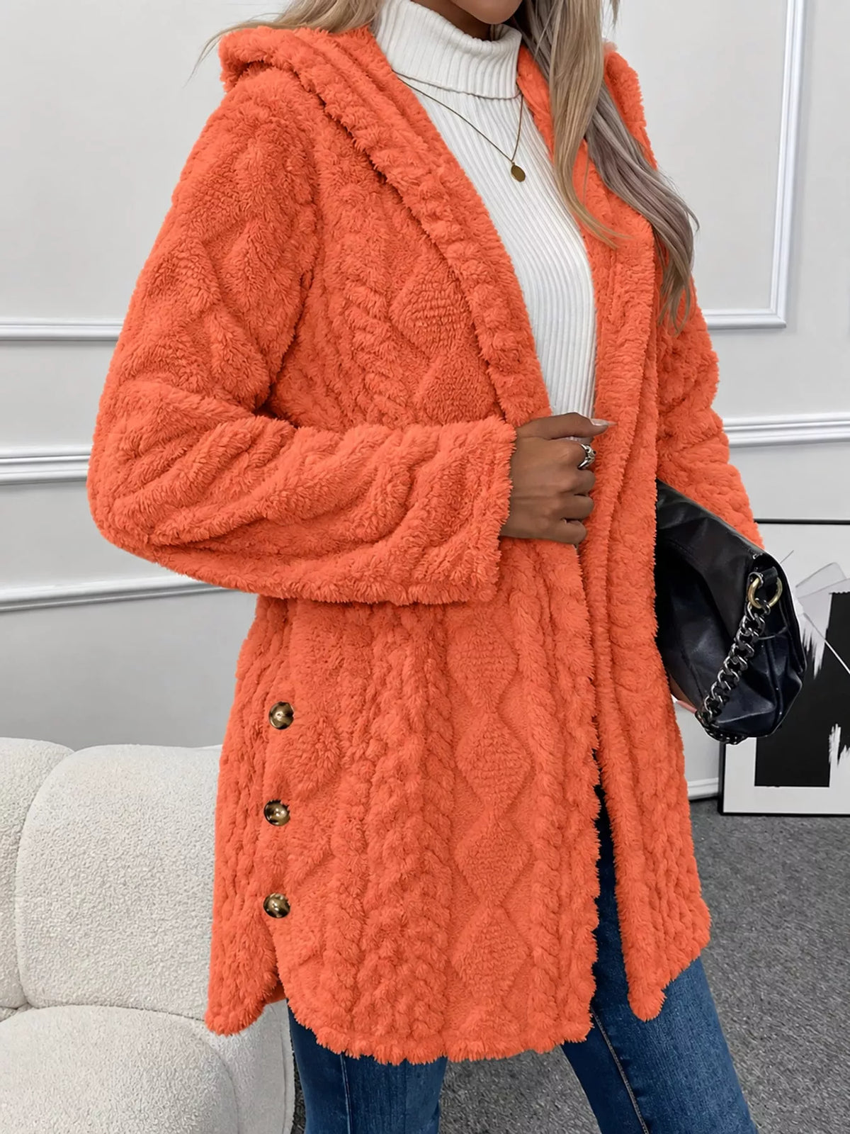 Cozy Cable-Knit Faux Fur Hooded Jacket