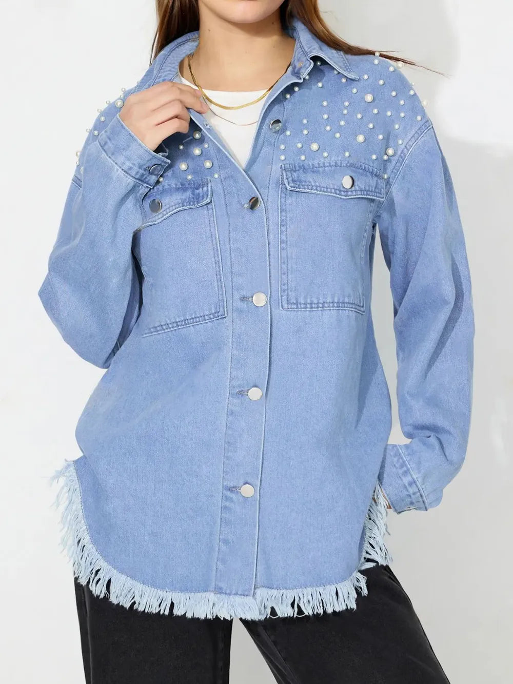 Pearl Trim Collared Denim Top