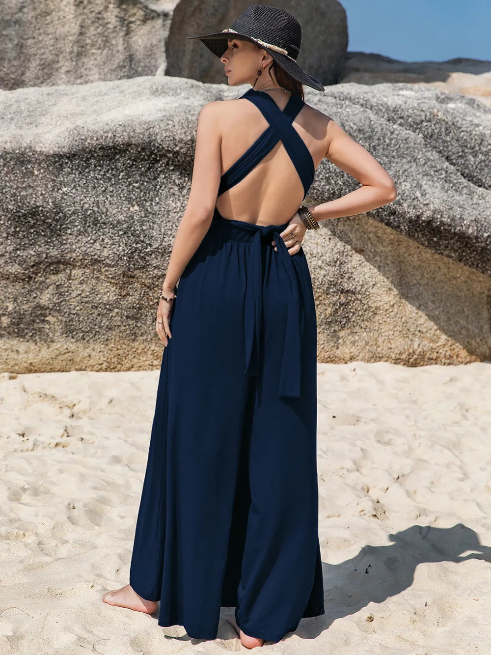 Surplice Wide Leg Jumpsuit in Dark Blue