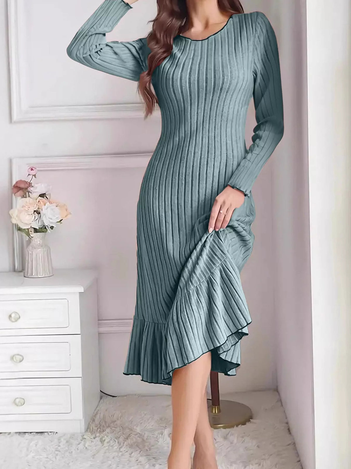 Ribbed Knit Bodycon Dress with Ruffle Hem